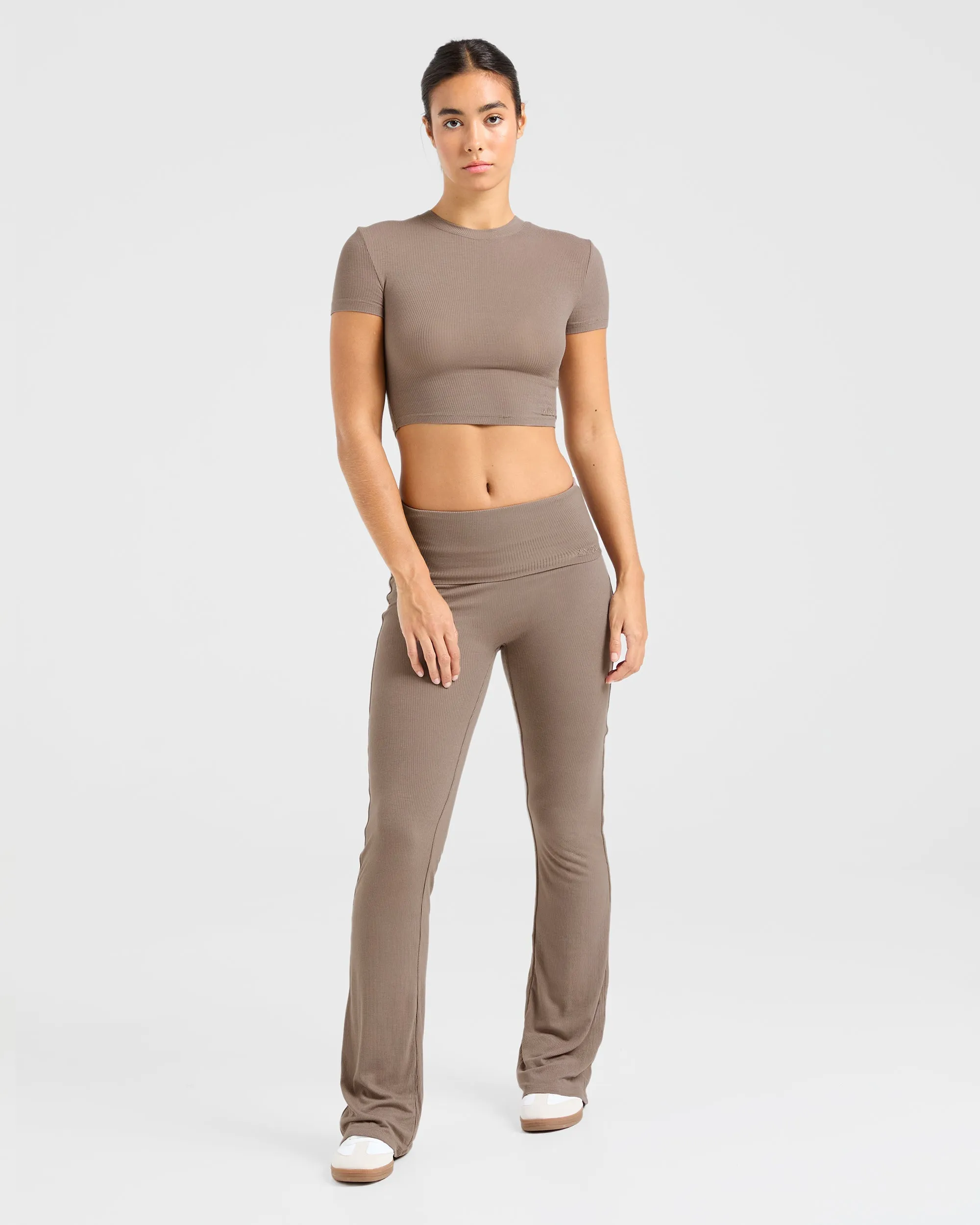 Lounge Ribbed Foldover Flared Leggings - Mocha