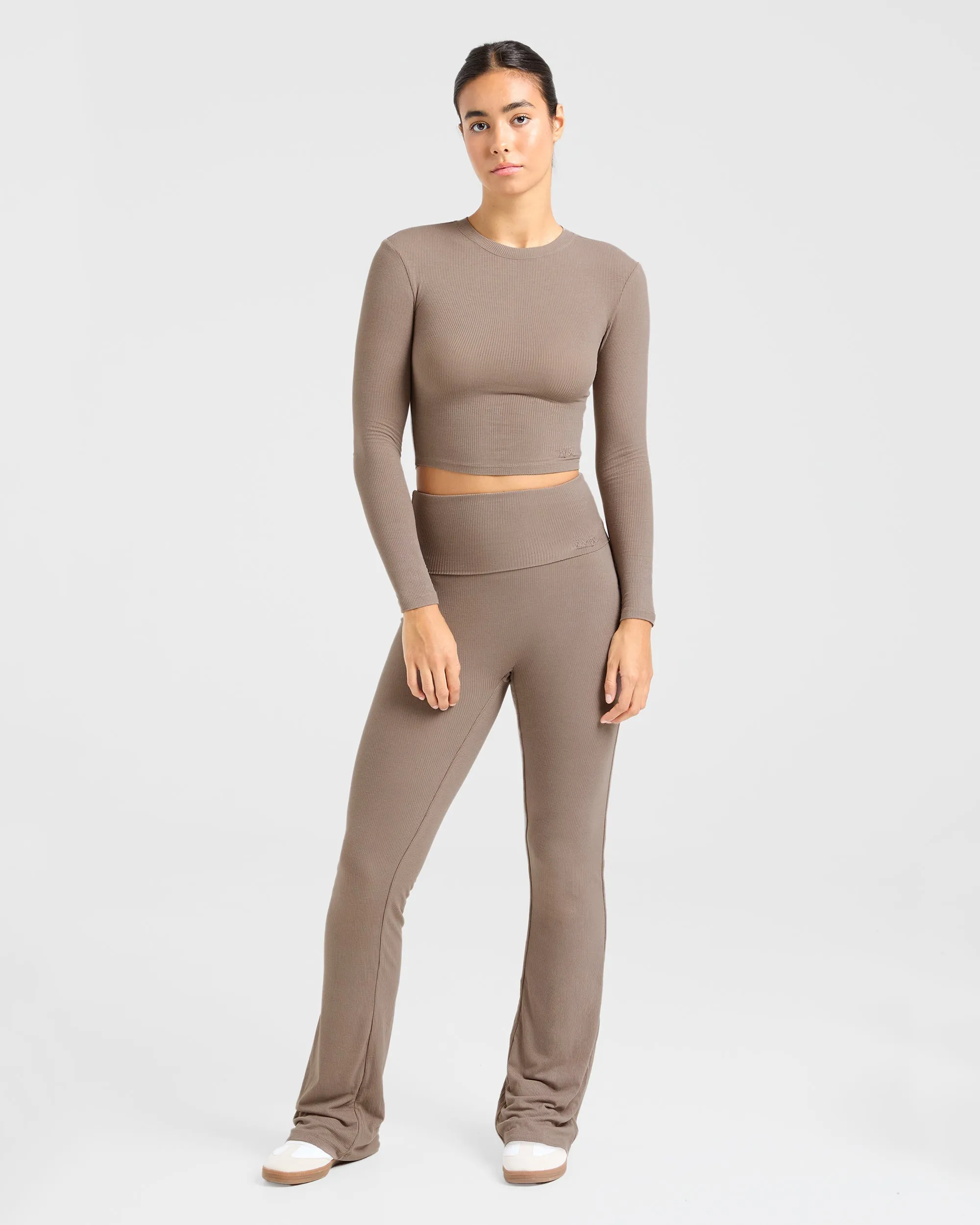 Lounge Ribbed Foldover Flared Leggings - Mocha