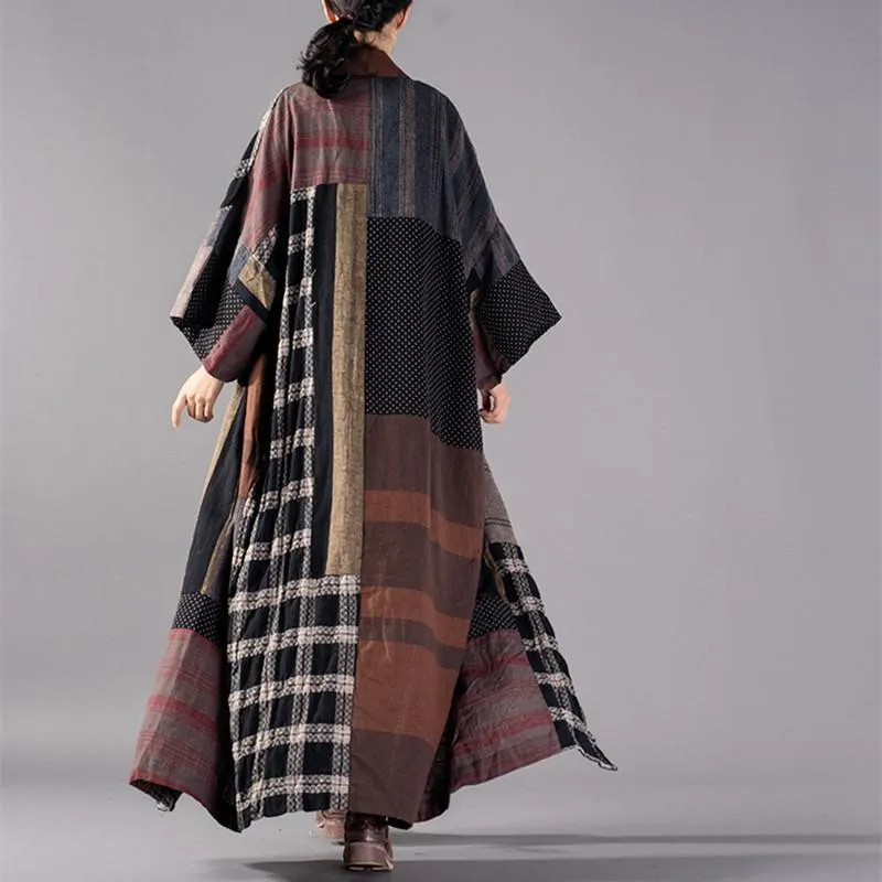 Luxury Plaid long coat plus size V neck baggy trench coat boutique tie waist patchwork long jackets