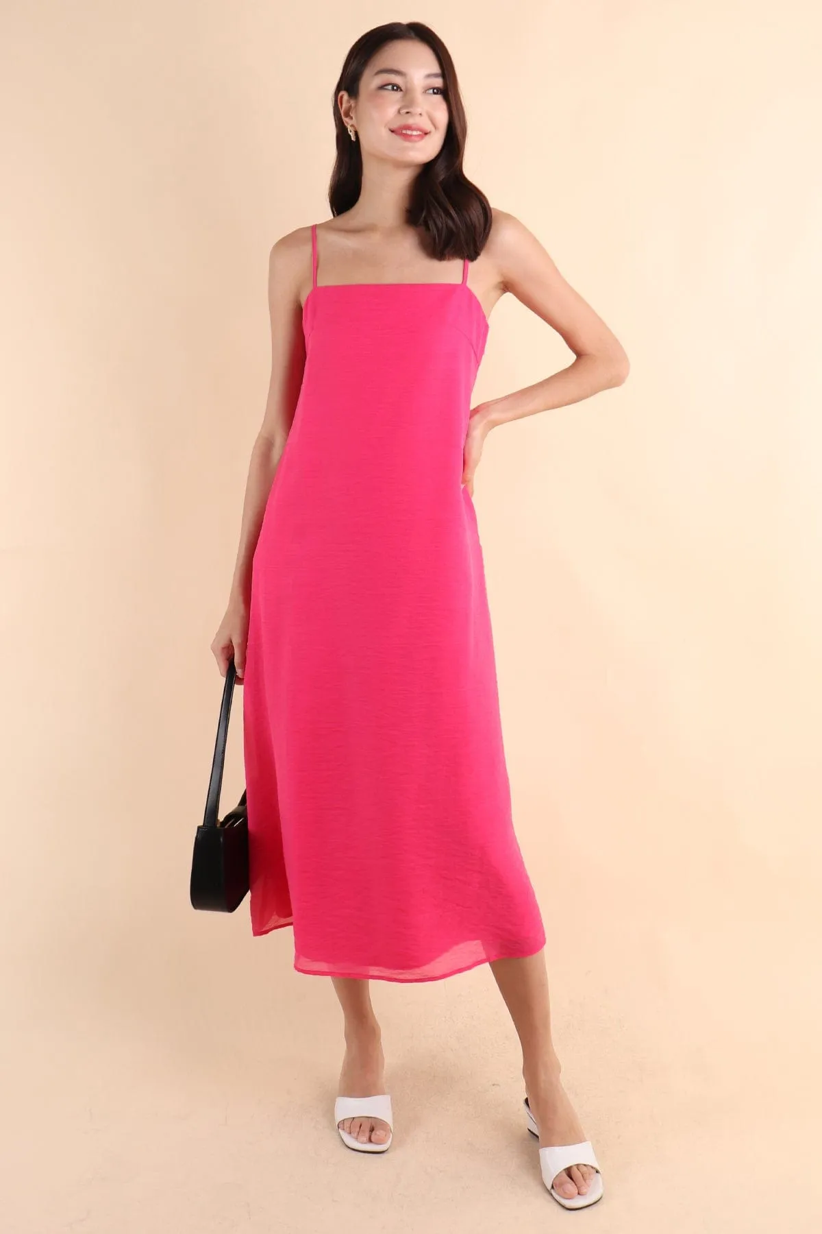 LYN SLIP MIDI DRESS IN BARBIE PINK