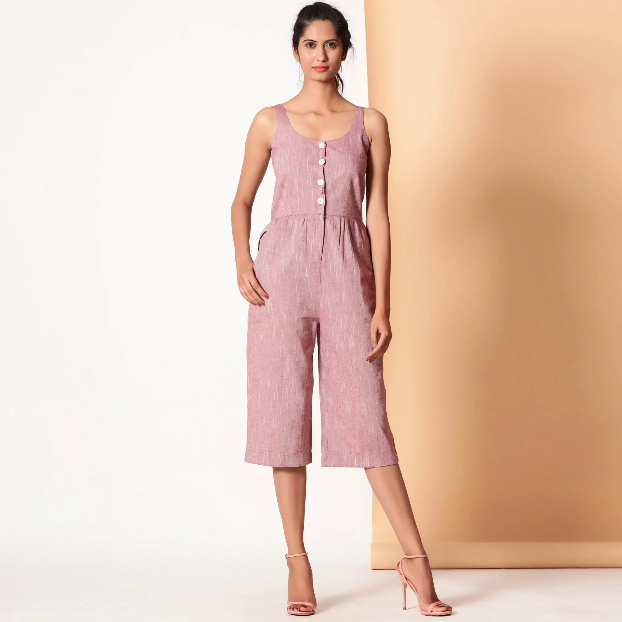 Maroon Cotton Sleeveless Button-Down Midi Jumpsuit