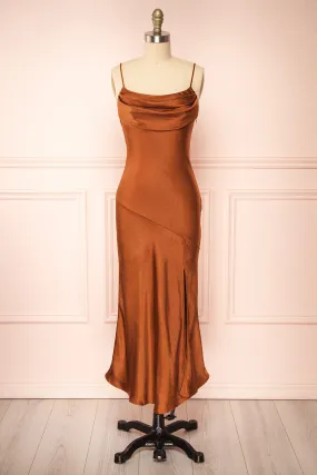 Meari Rust | Cowl Neck Satin Midi Dress