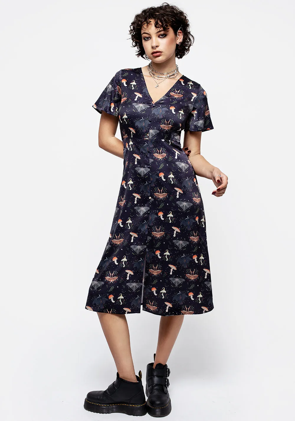 Medeina Print Button Front Satin Midi Dress