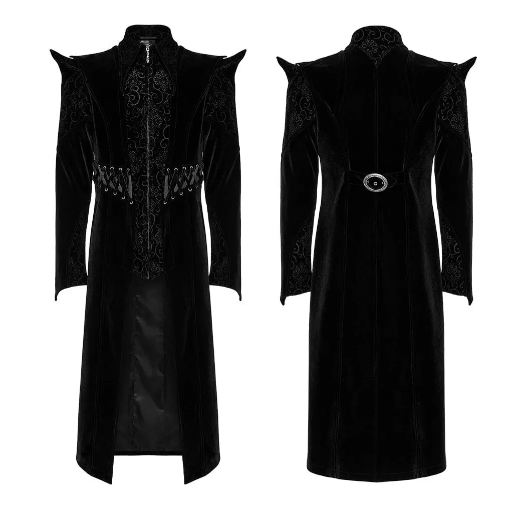 Men's Gothic Stand Collar Jacquard Velvet Mid-length Coat