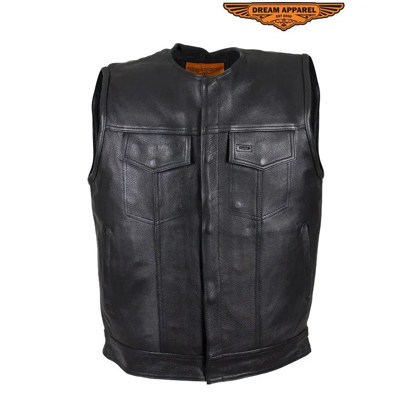 Men's Leather Motorcycle Vest Without Collar