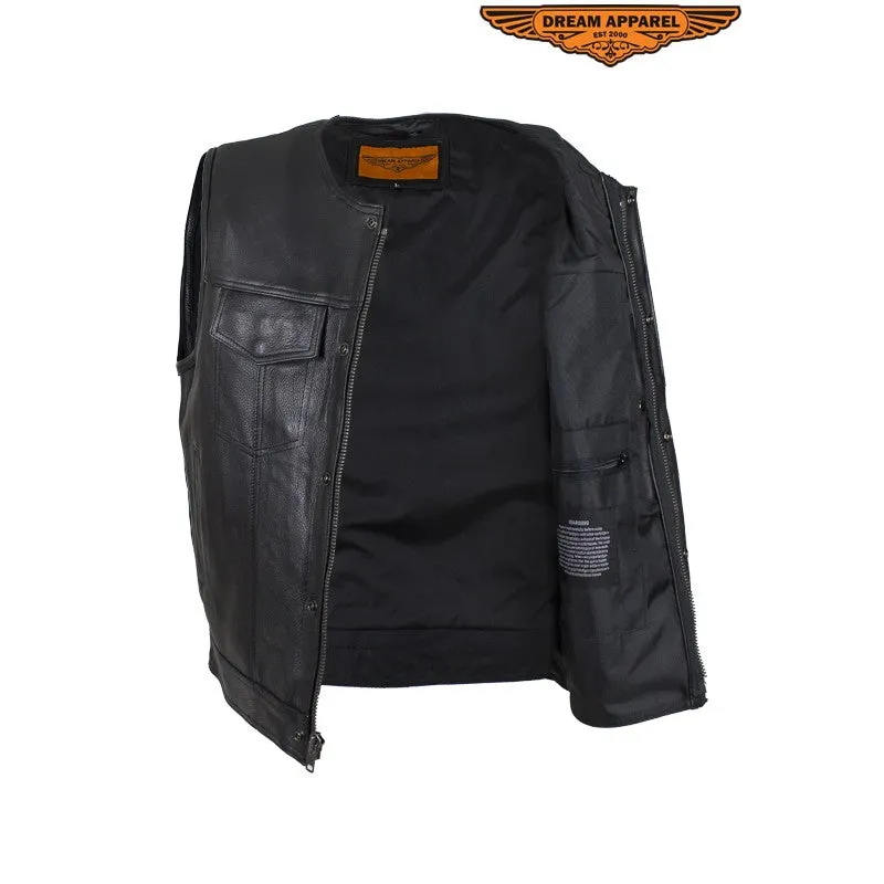 Men's Leather Motorcycle Vest Without Collar