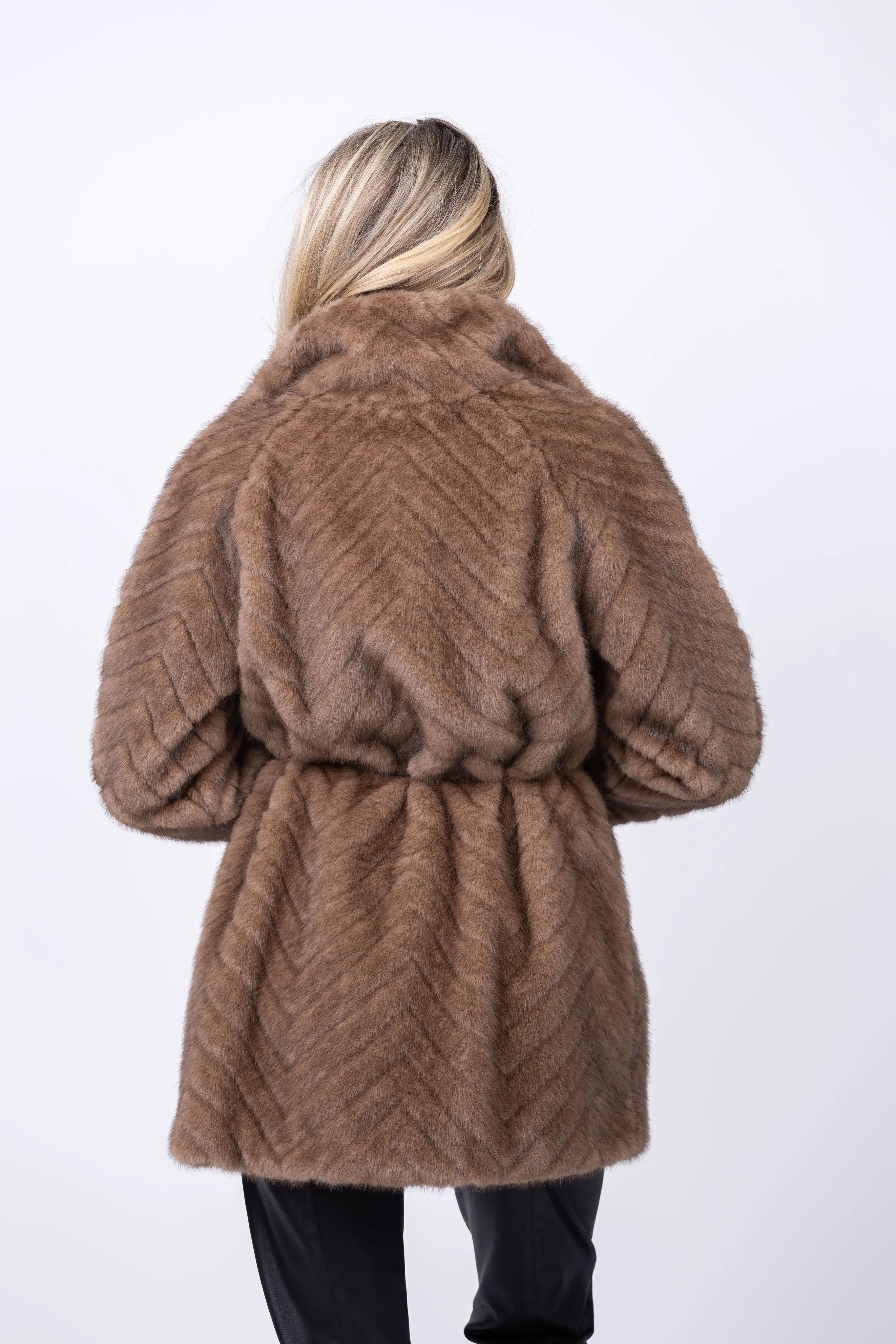 Milly Amia Chevron Fur Coat in Brown