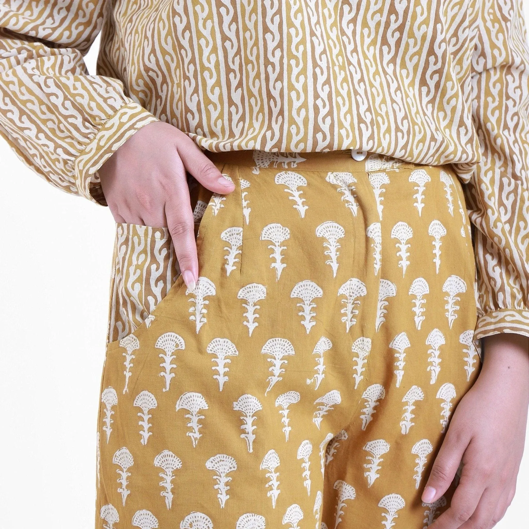 Mustard Block Print Wide Legged Cotton Culotte