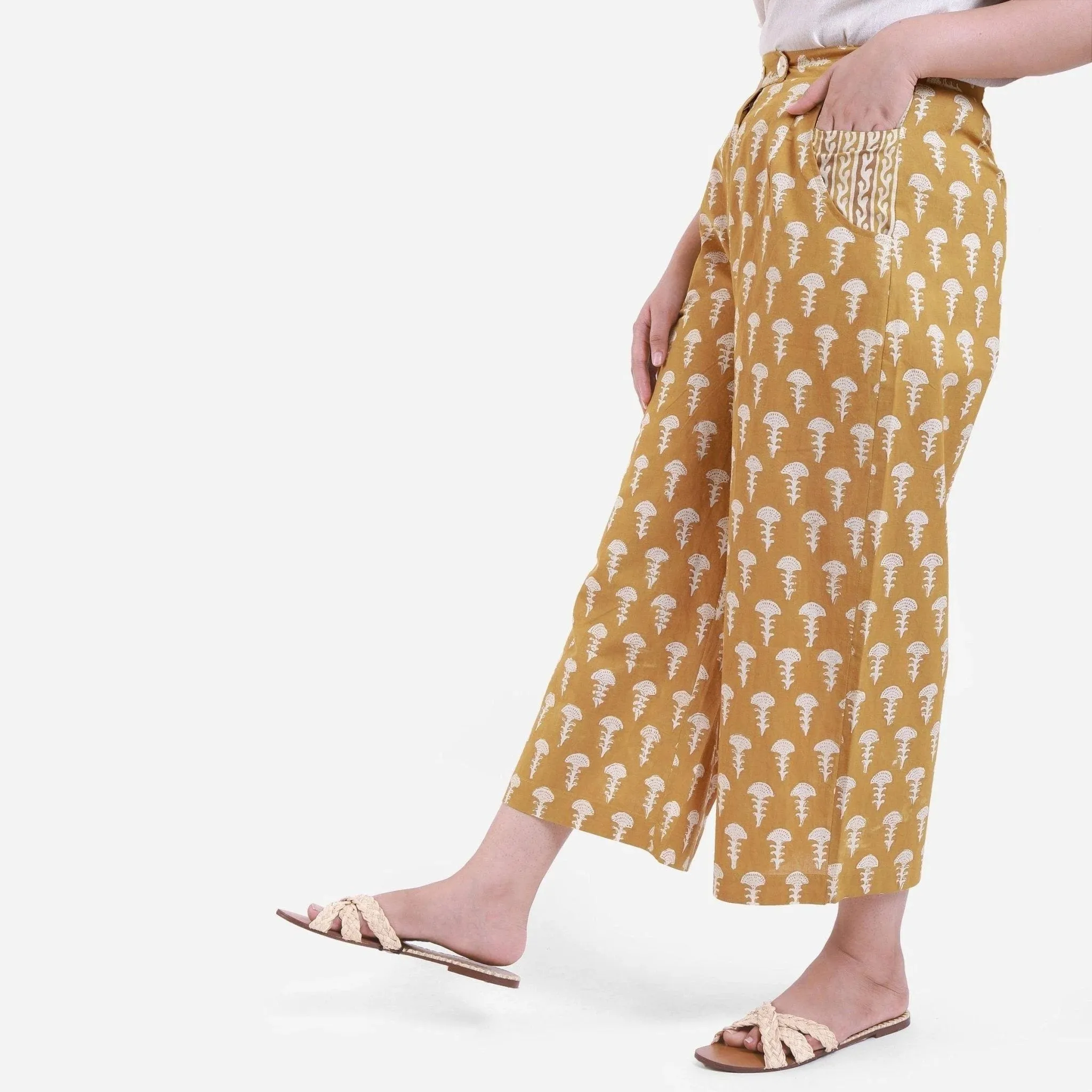 Mustard Block Print Wide Legged Cotton Culotte