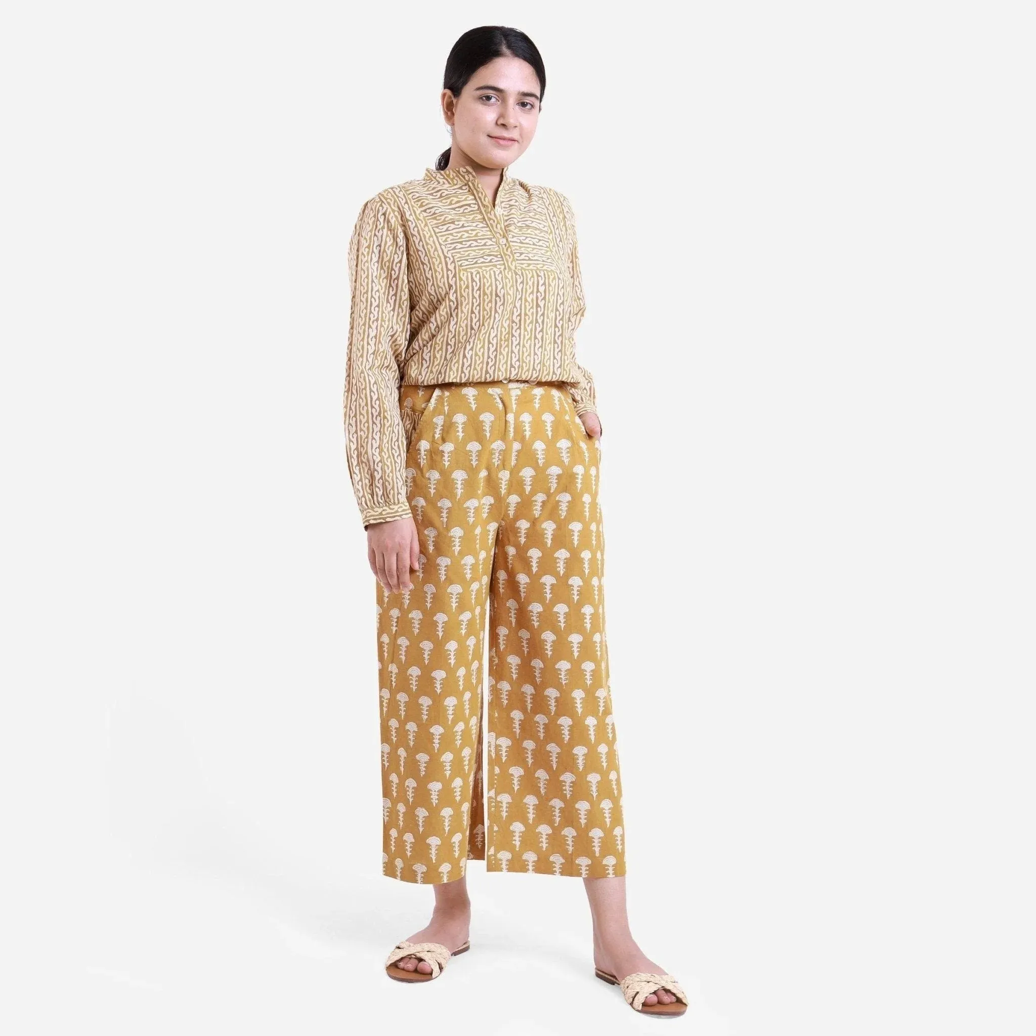 Mustard Block Print Wide Legged Cotton Culotte