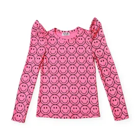 Neon Pink Puff Sleeve Top w/Smile Faces