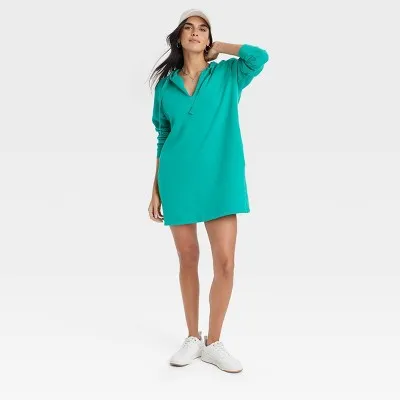 Open Box - Women's Long Sleeve Mini Fleece Tunic Dress - Universal Thread Green L