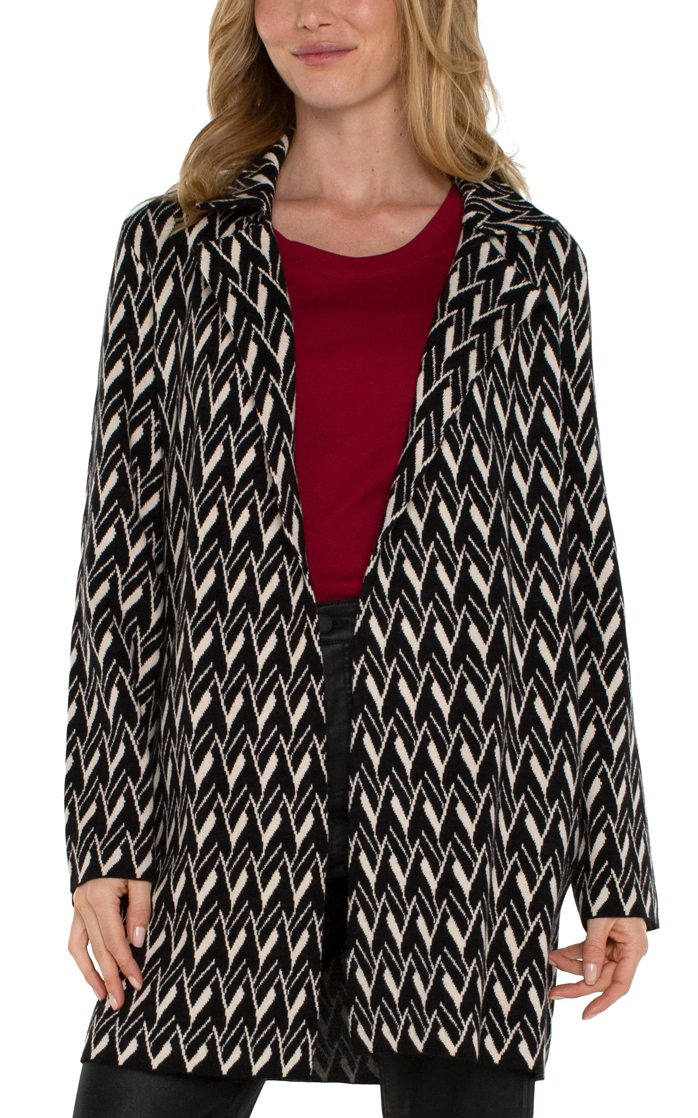 Open Front Coatigan Sweater - Black/Cream Chevron