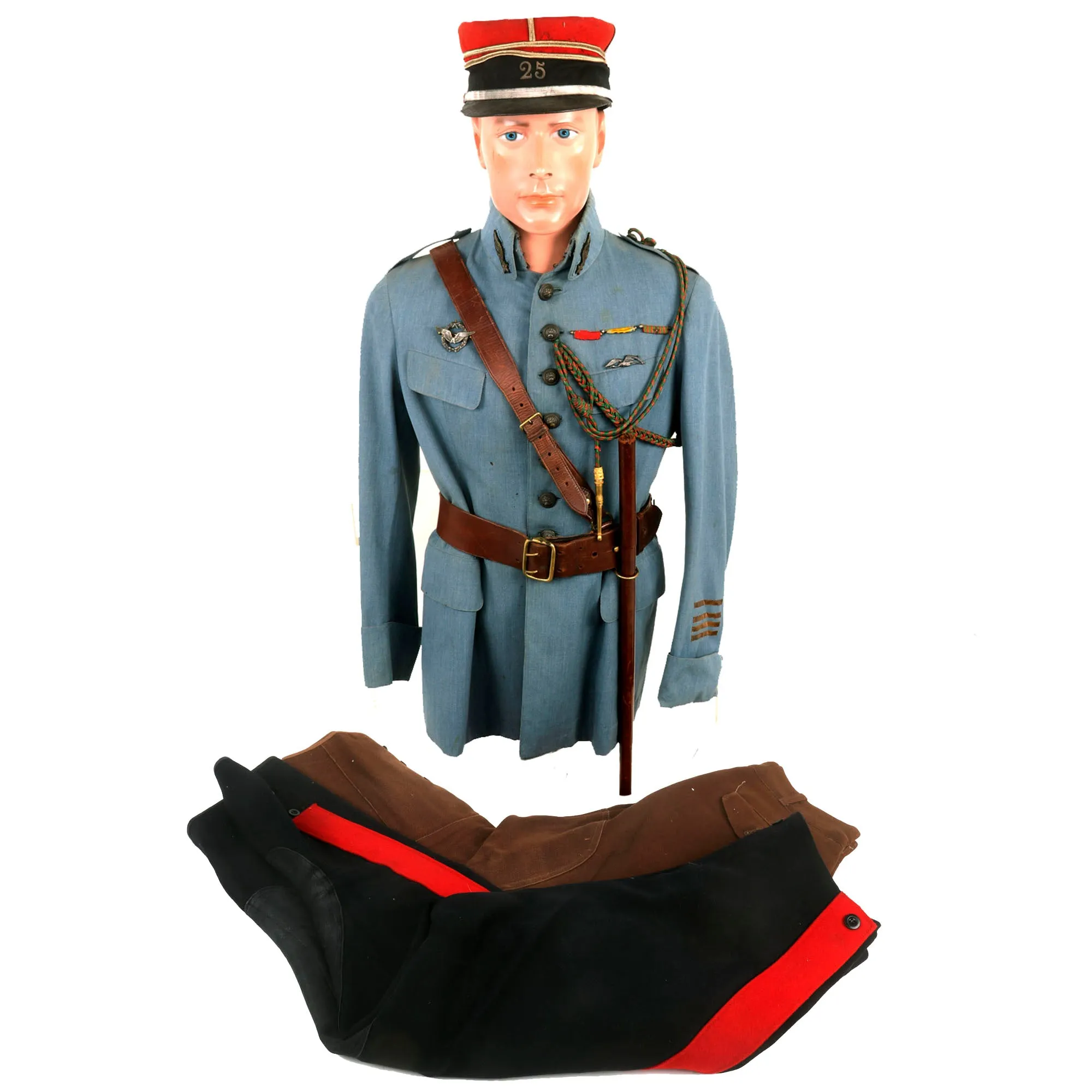 Original France WWI Pilot Armée de l'Air French Air Service Commandant Officer’s Uniform Set With Tunic, Trousers, Sam Browne Belt and Kepi With Squadron Insignia & Swagger Stick - 'Stork Escadrille N3'