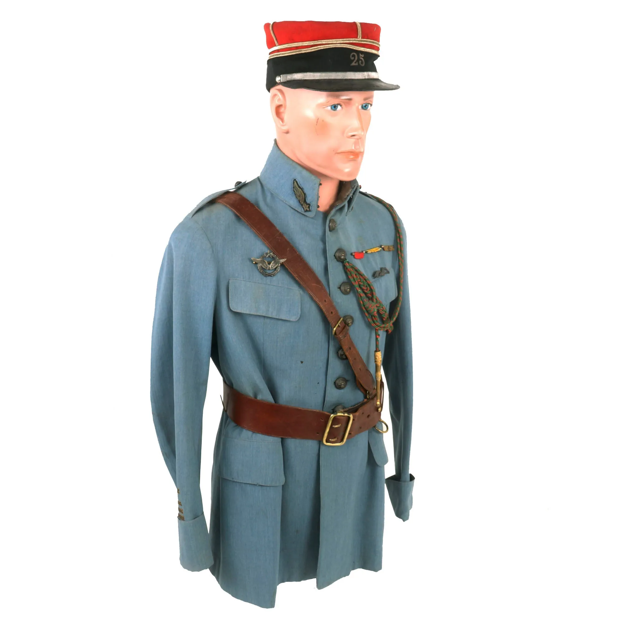 Original France WWI Pilot Armée de l'Air French Air Service Commandant Officer’s Uniform Set With Tunic, Trousers, Sam Browne Belt and Kepi With Squadron Insignia & Swagger Stick - 'Stork Escadrille N3'