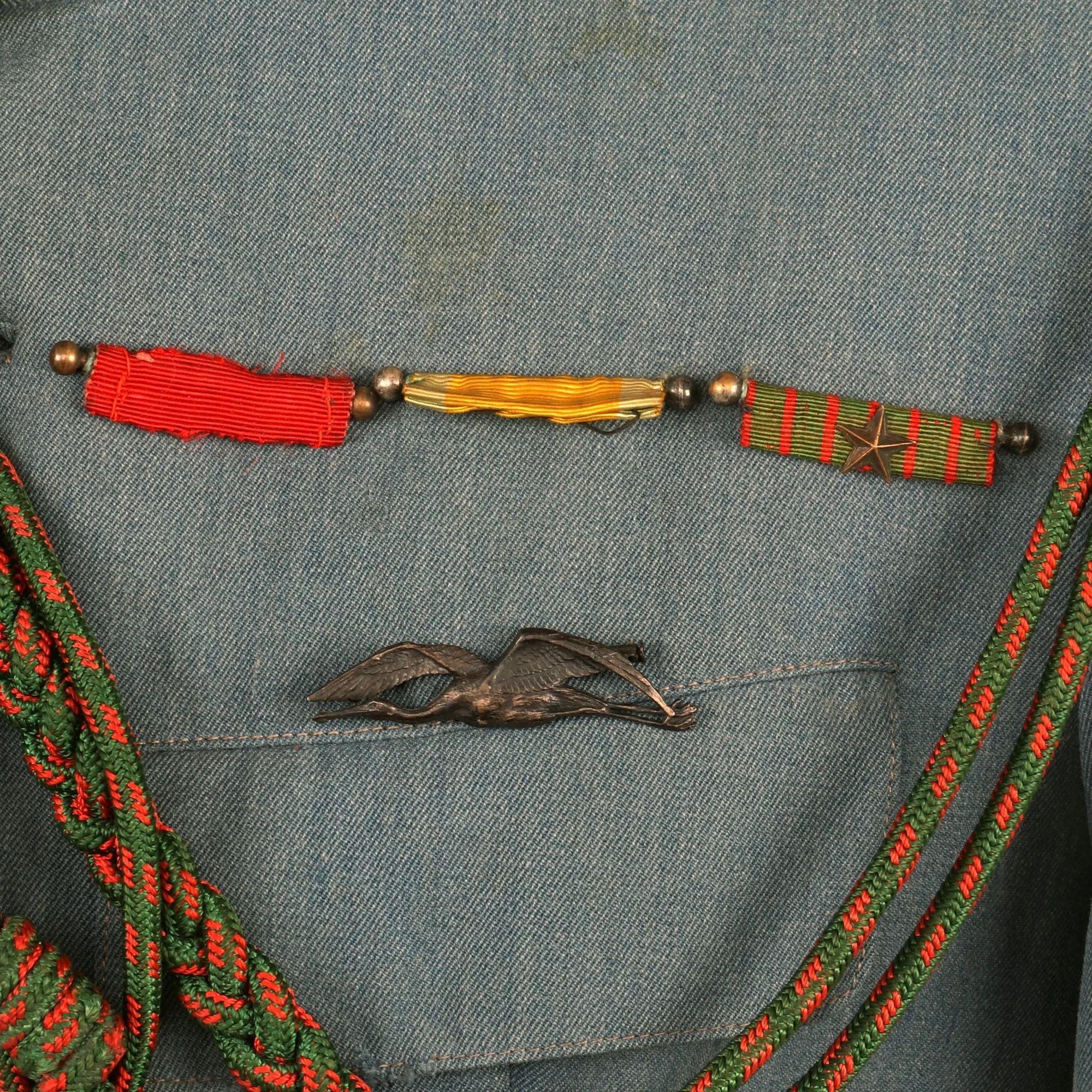 Original France WWI Pilot Armée de l'Air French Air Service Commandant Officer’s Uniform Set With Tunic, Trousers, Sam Browne Belt and Kepi With Squadron Insignia & Swagger Stick - 'Stork Escadrille N3'