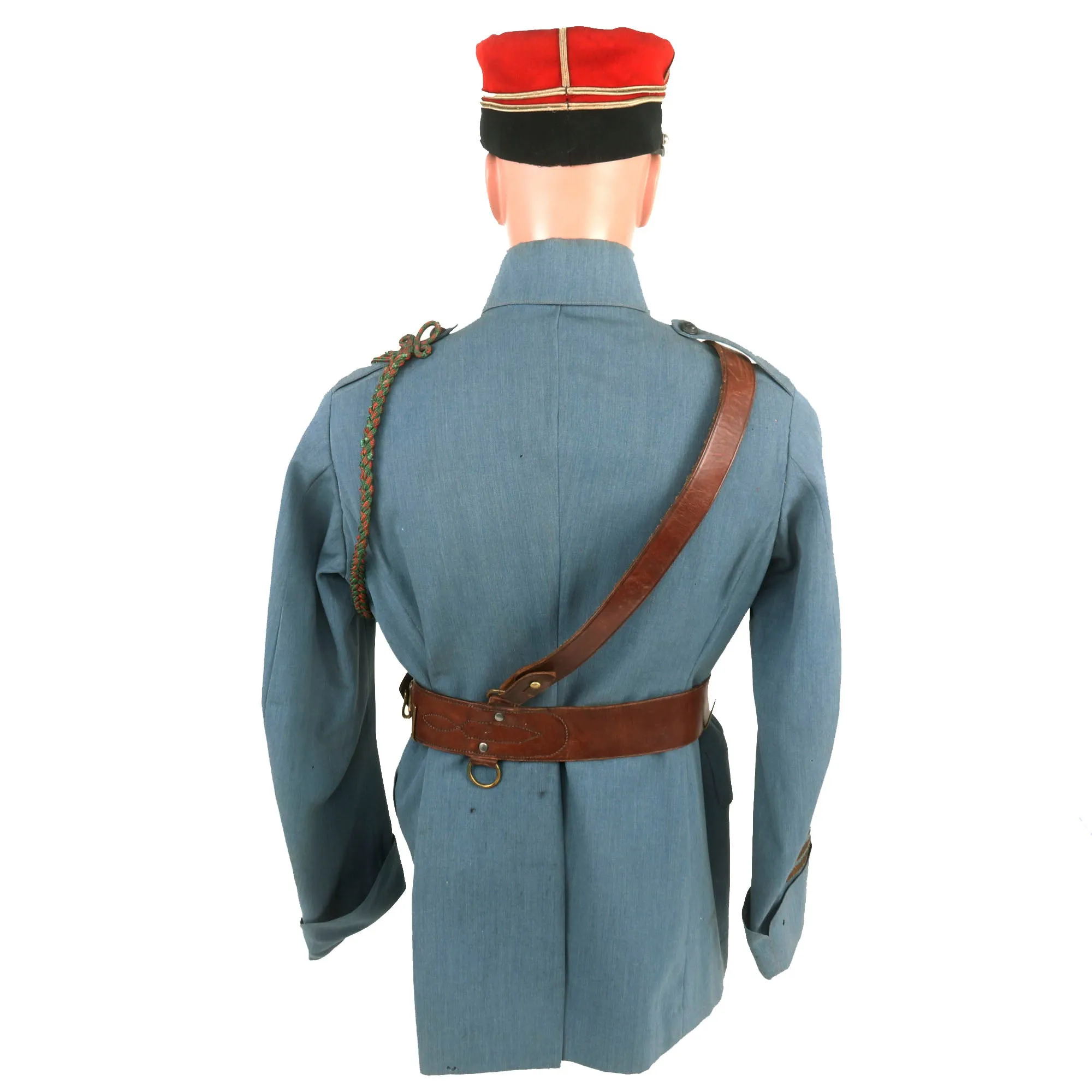 Original France WWI Pilot Armée de l'Air French Air Service Commandant Officer’s Uniform Set With Tunic, Trousers, Sam Browne Belt and Kepi With Squadron Insignia & Swagger Stick - 'Stork Escadrille N3'