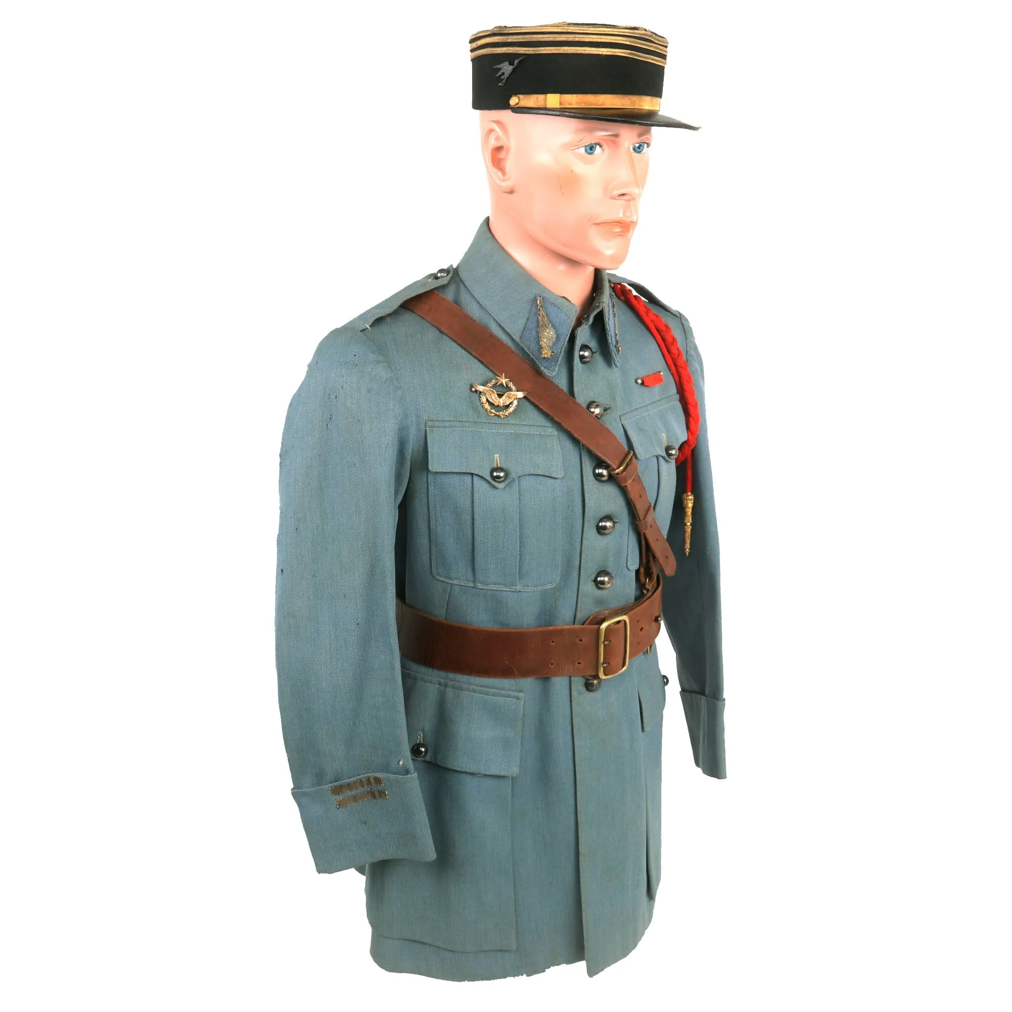 Original France WWI Pilot Armée de l'Air French Air Service Officer’s Uniform Set With Tunic, Trousers, Sam Browne Belt and Kepi With Squadron Insignia - 'Stork Escadrille N3'