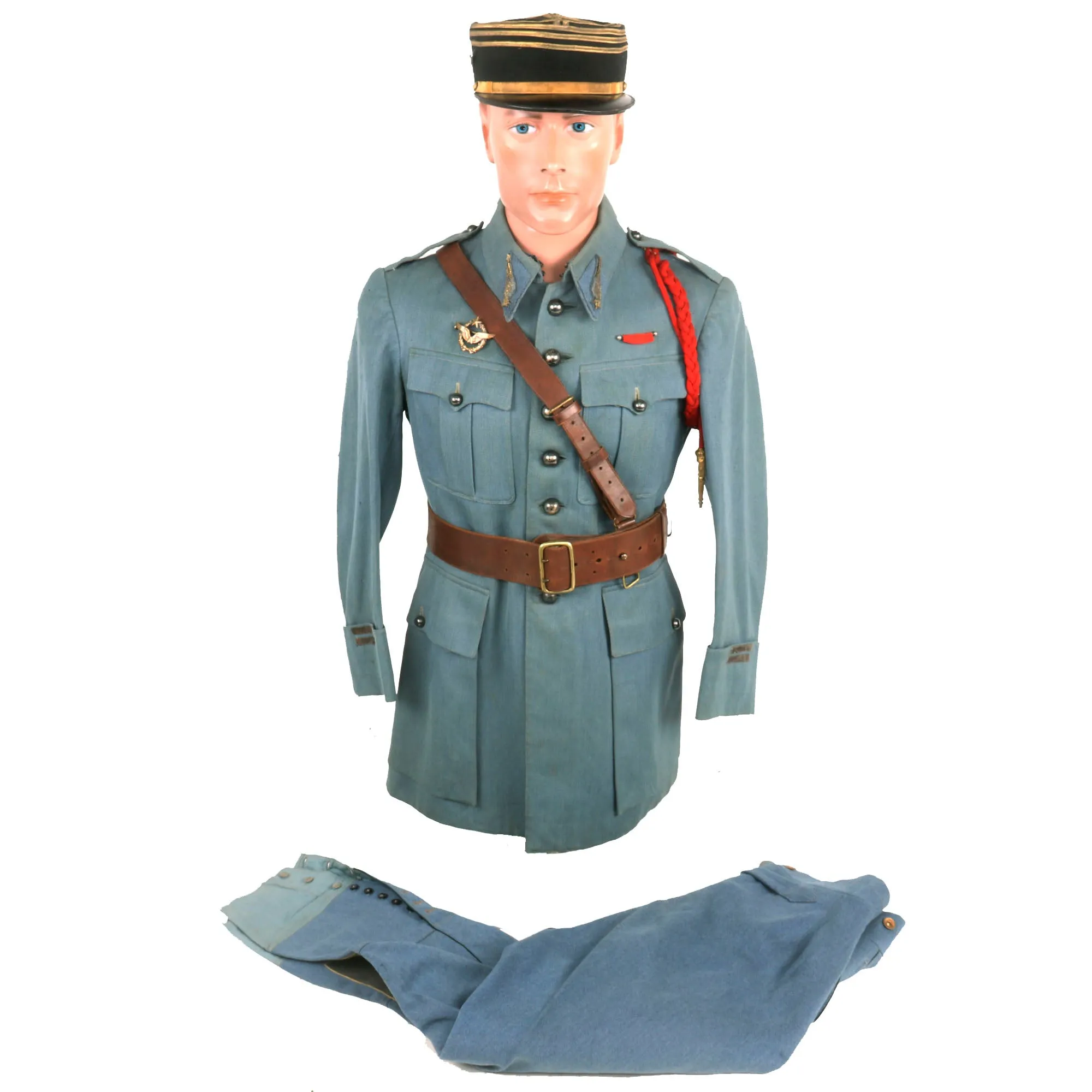 Original France WWI Pilot Armée de l'Air French Air Service Officer’s Uniform Set With Tunic, Trousers, Sam Browne Belt and Kepi With Squadron Insignia - 'Stork Escadrille N3'