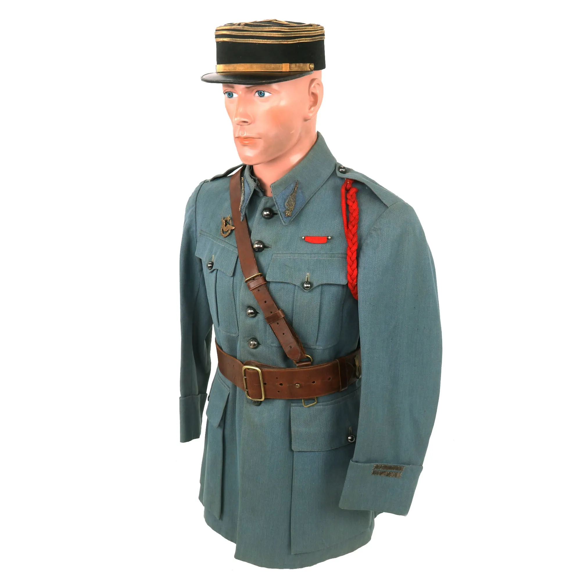 Original France WWI Pilot Armée de l'Air French Air Service Officer’s Uniform Set With Tunic, Trousers, Sam Browne Belt and Kepi With Squadron Insignia - 'Stork Escadrille N3'