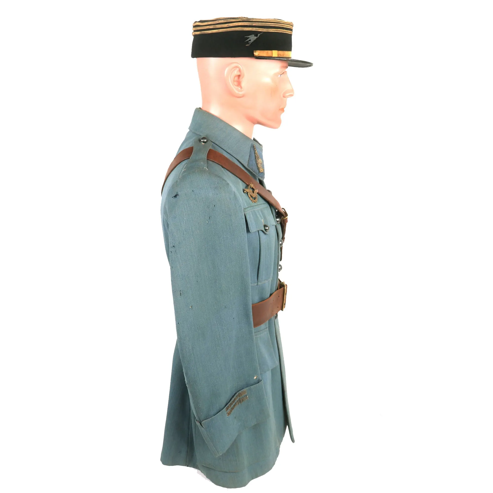 Original France WWI Pilot Armée de l'Air French Air Service Officer’s Uniform Set With Tunic, Trousers, Sam Browne Belt and Kepi With Squadron Insignia - 'Stork Escadrille N3'