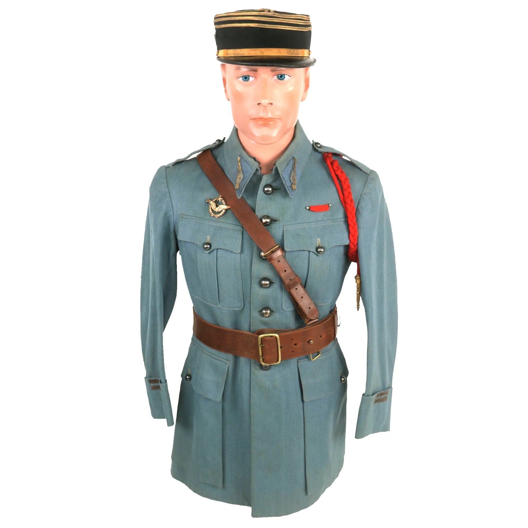 Original France WWI Pilot Armée de l'Air French Air Service Officer’s Uniform Set With Tunic, Trousers, Sam Browne Belt and Kepi With Squadron Insignia - 'Stork Escadrille N3'