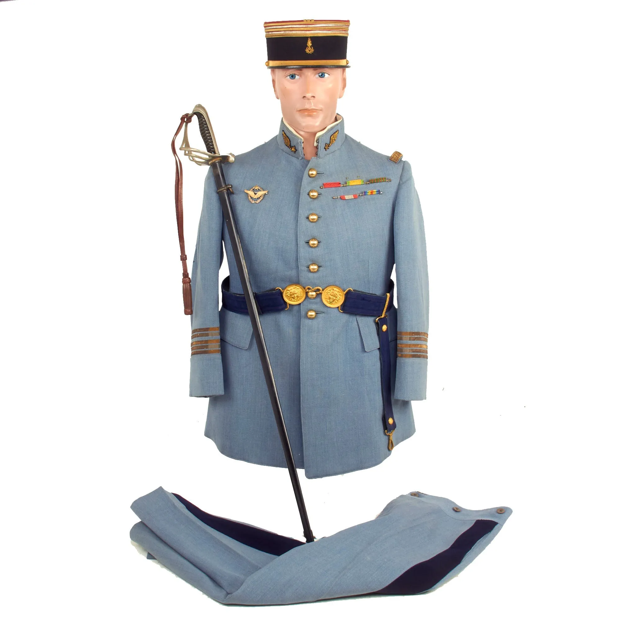 Original France WWI Pilot Armée de l'Air French Air Service Officer’s Uniform Set With Tunic, Trousers, Sword Belt, Kepi and 1882 Pattern Officers Sword With Scabbard - 5 Items