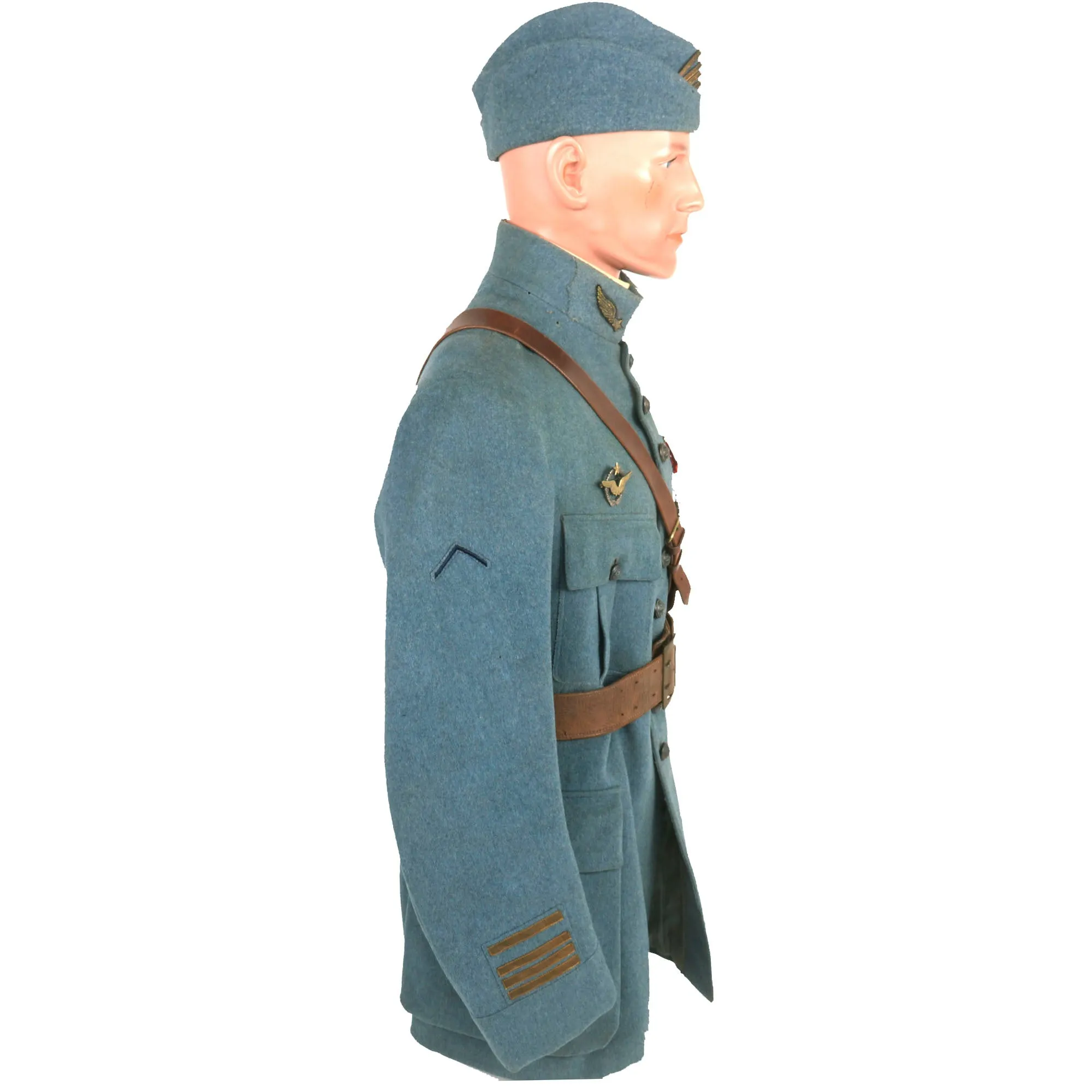 Original France WWI Pilot Armée de l'Air French Air Service Wounded Commandant Officer’s Uniform Set With Tunic, Trousers, Sam Browne Belt, Medals, and Overseas Cap with Squadron Insignia - 'Stork Escadrille N3'