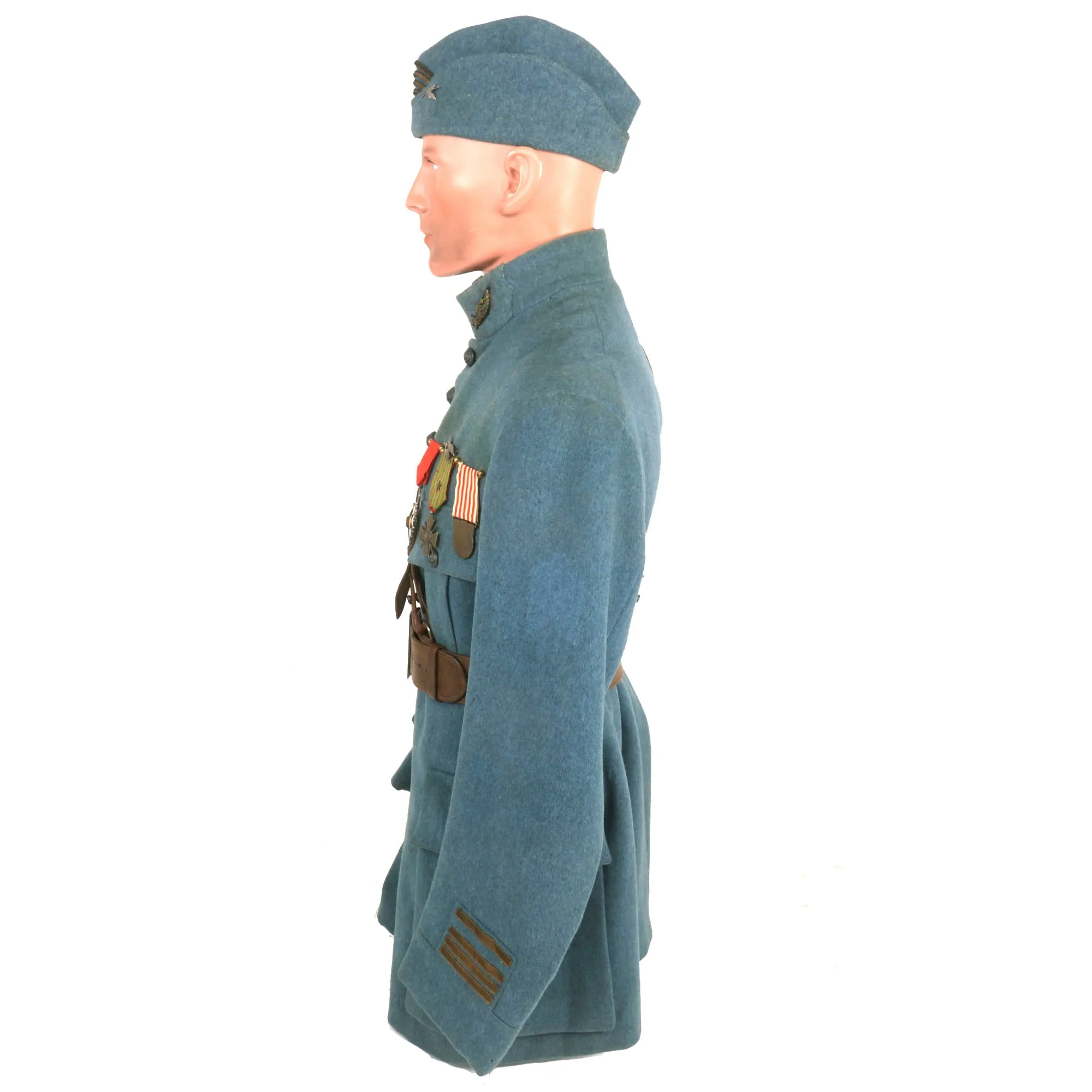 Original France WWI Pilot Armée de l'Air French Air Service Wounded Commandant Officer’s Uniform Set With Tunic, Trousers, Sam Browne Belt, Medals, and Overseas Cap with Squadron Insignia - 'Stork Escadrille N3'