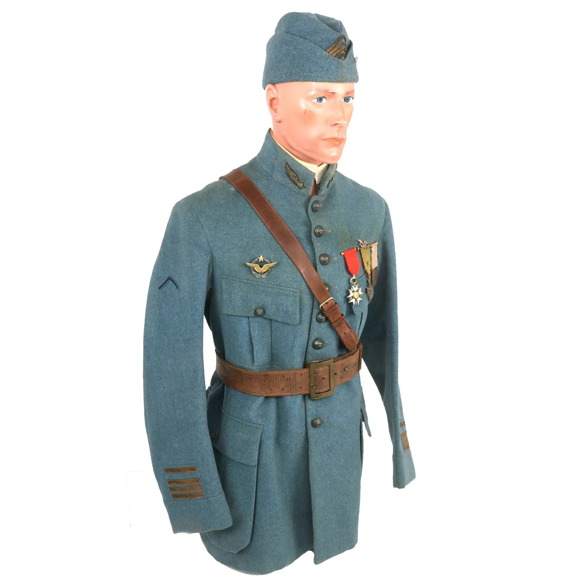 Original France WWI Pilot Armée de l'Air French Air Service Wounded Commandant Officer’s Uniform Set With Tunic, Trousers, Sam Browne Belt, Medals, and Overseas Cap with Squadron Insignia - 'Stork Escadrille N3'