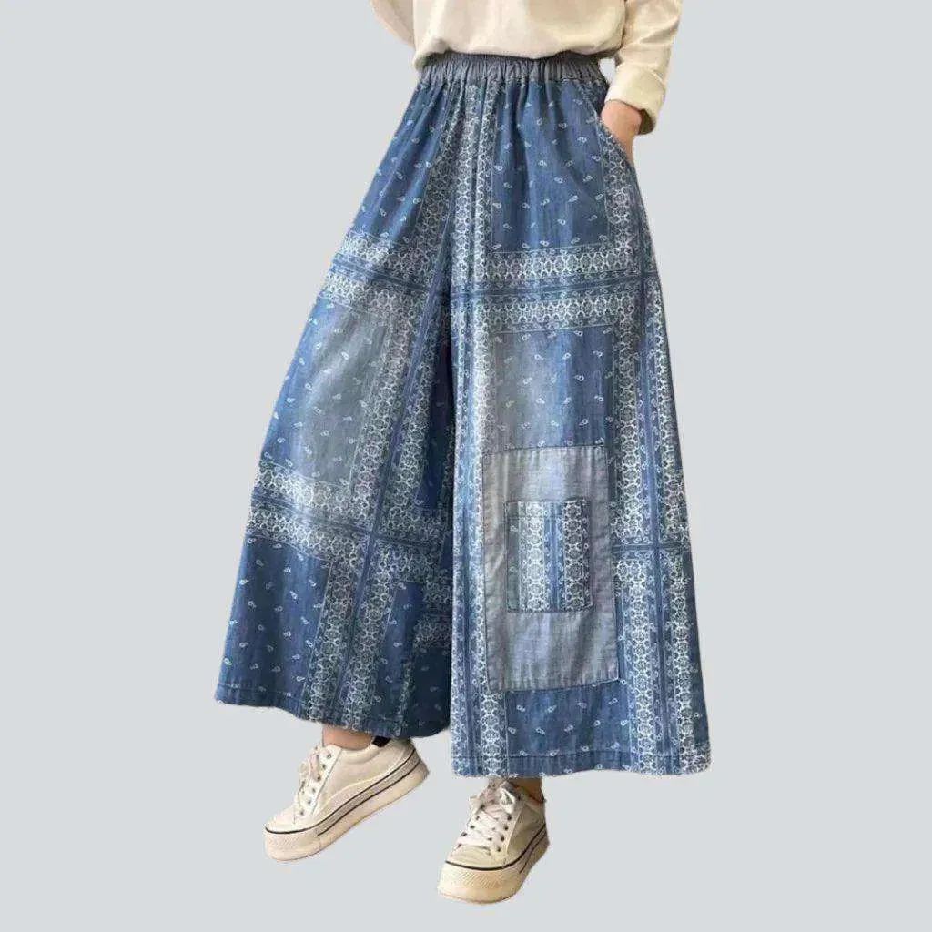 Ornament print culottes denim pants