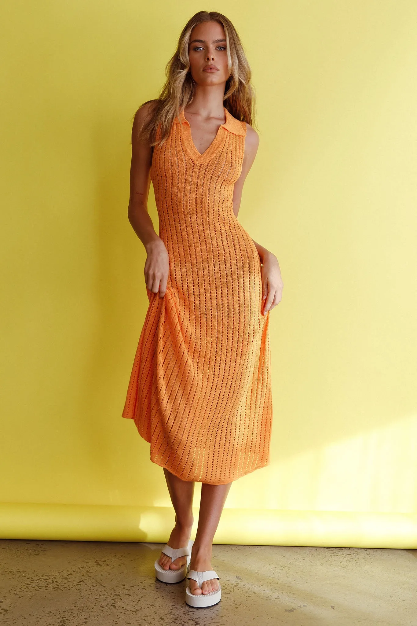 Palm Island Collared Crochet Midi Dress Mango