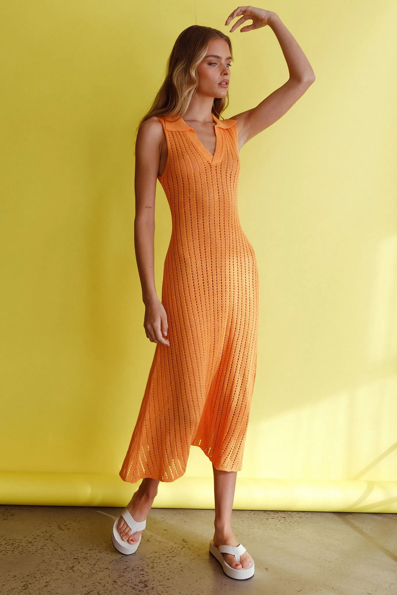 Palm Island Collared Crochet Midi Dress Mango