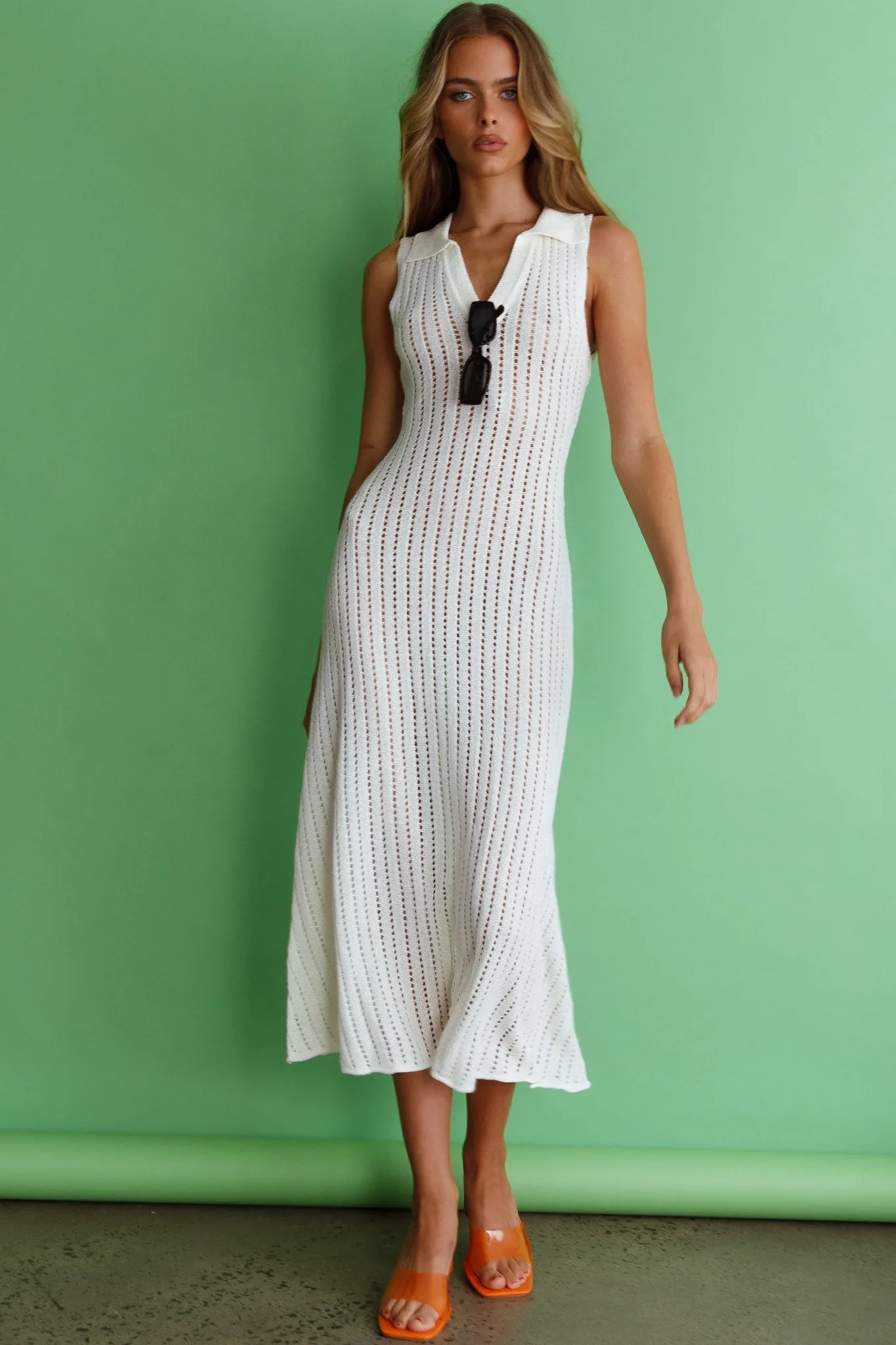 Palm Island Collared Crochet Midi Dress White