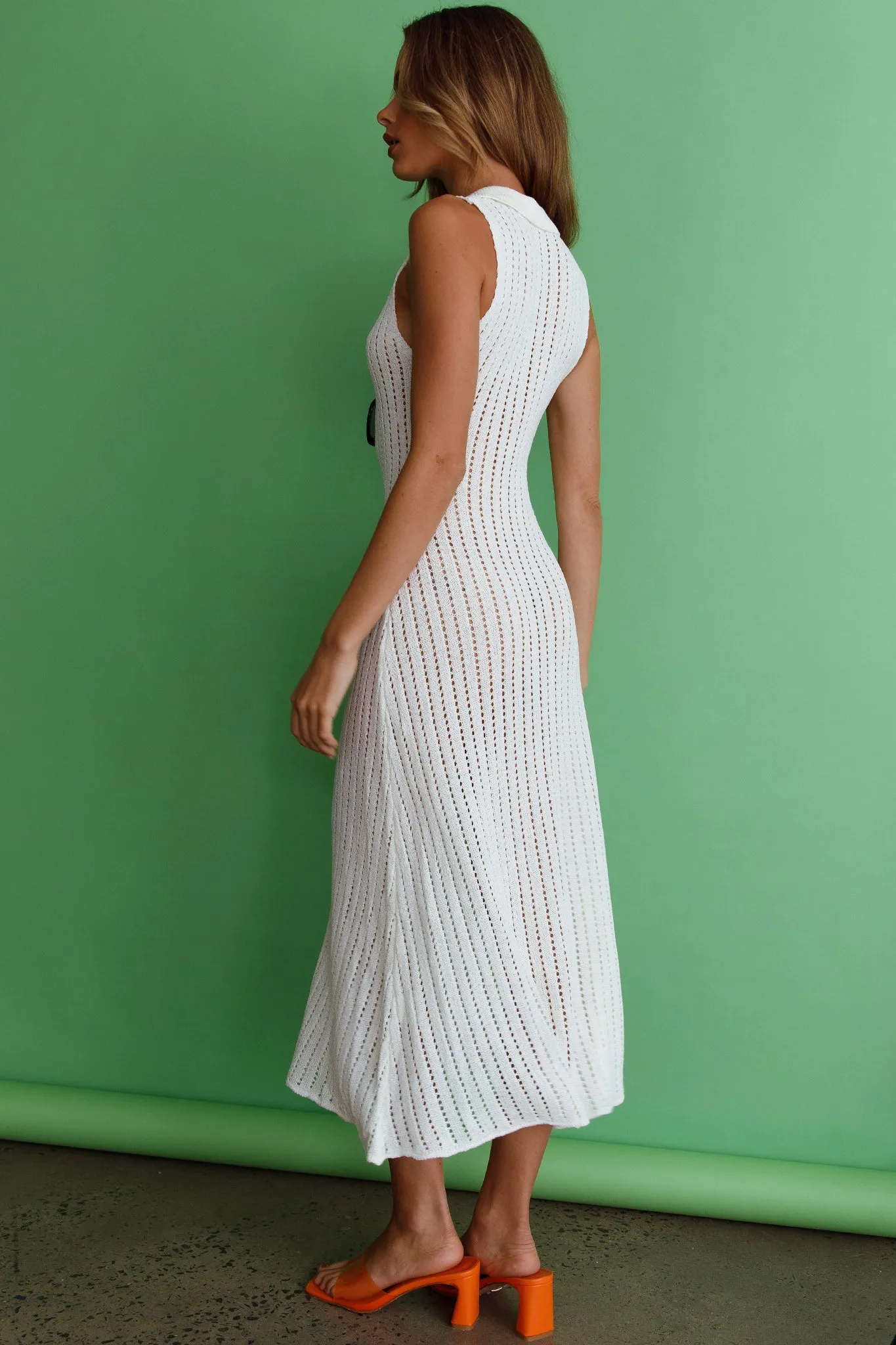 Palm Island Collared Crochet Midi Dress White