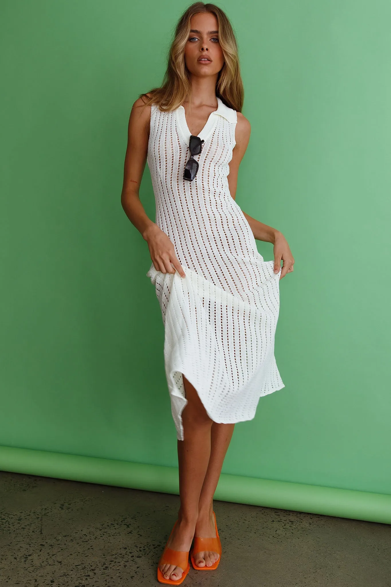 Palm Island Collared Crochet Midi Dress White