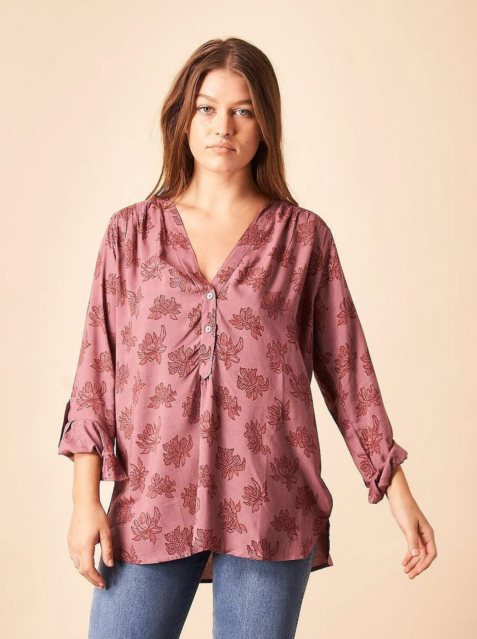 Patterned Flower Tunic in Mauve   Berry