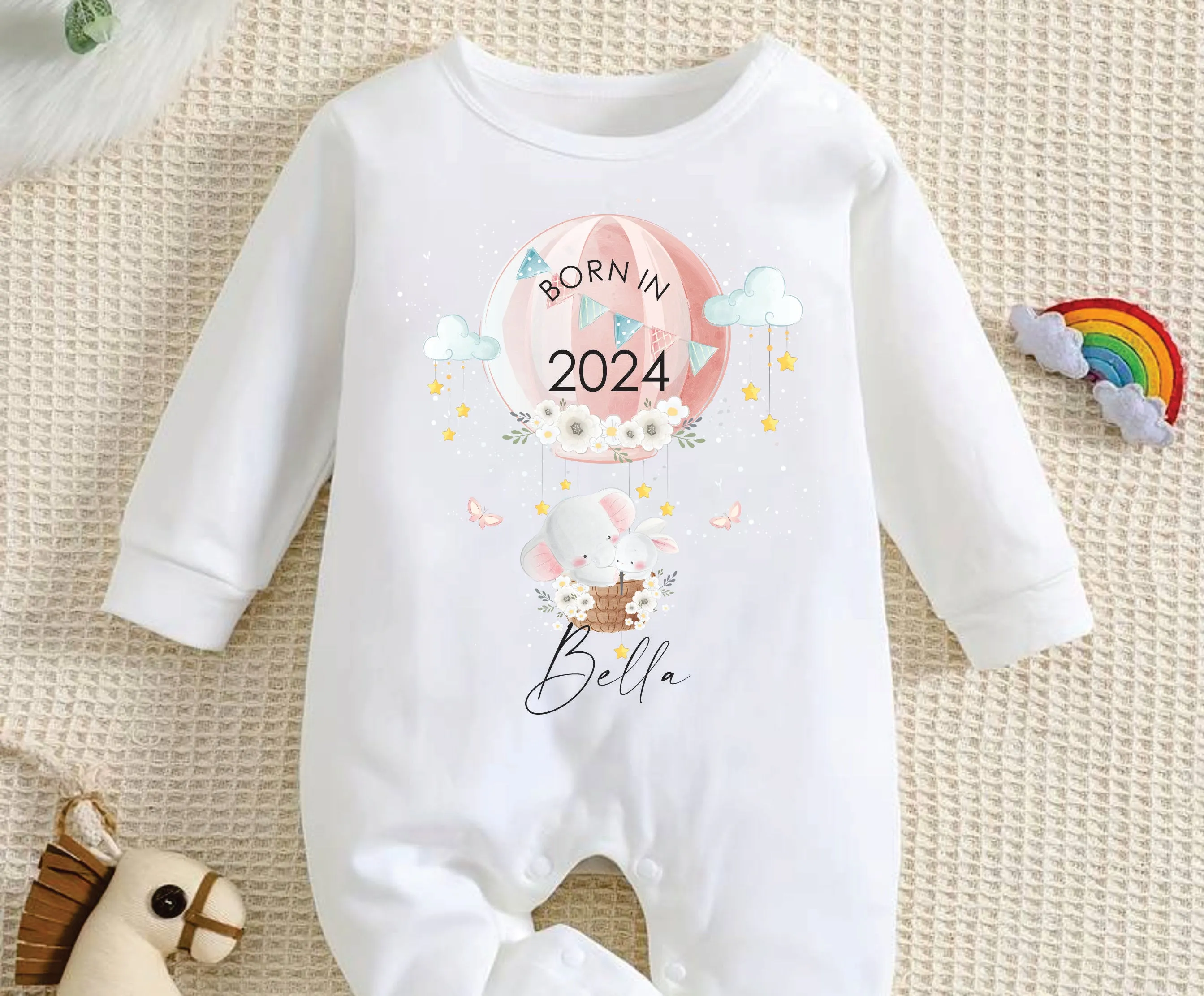 Personalised Born in 2024 Rompersuit or Vest - Elephant