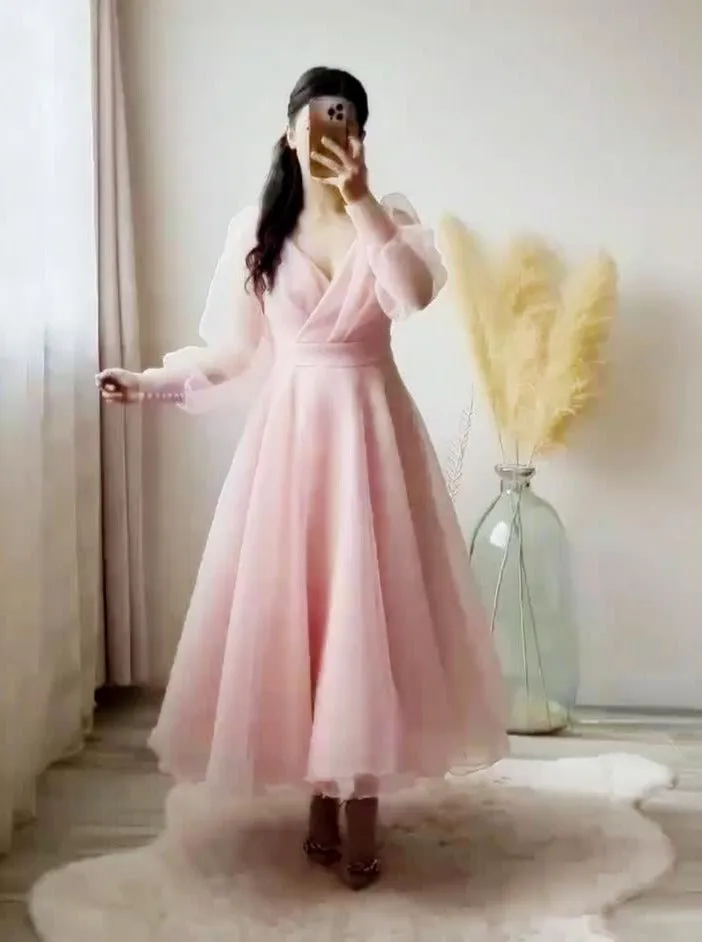 Pink Prom Dresses V-Neck Puffy Sleeves A-Line Evening Gown for Wedding