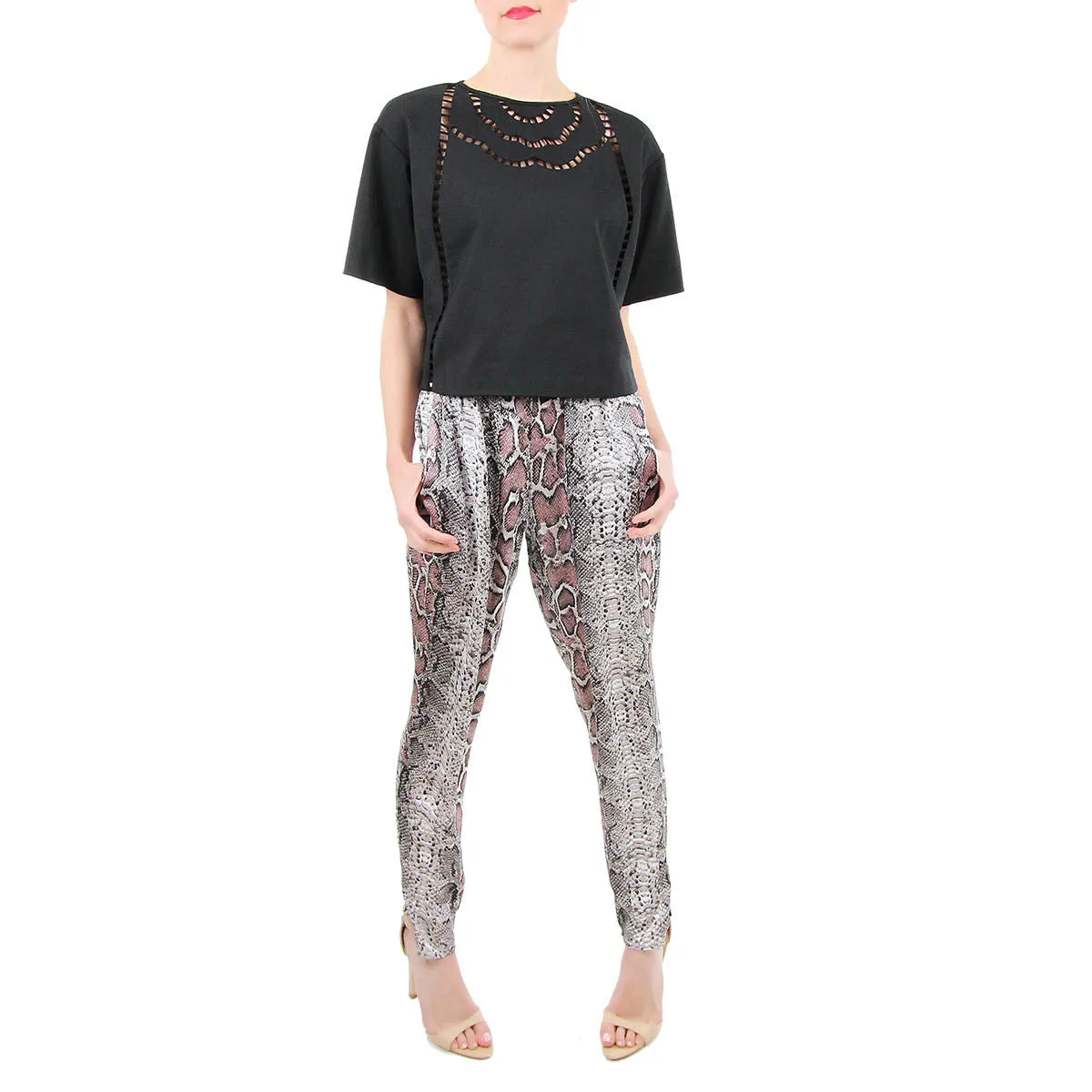 Pink Snakeskin Print Elastic Wasit Pants