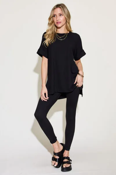 Plus Size Short Sleeve Slit T-Shirt and Leggings Lounge Set