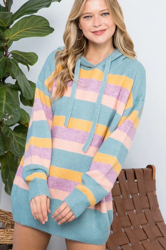 Plus Striped Loose Fit Pullover Hoodie Sweater