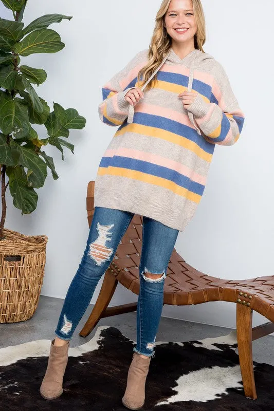 Plus Striped Loose Fit Pullover Hoodie Sweater