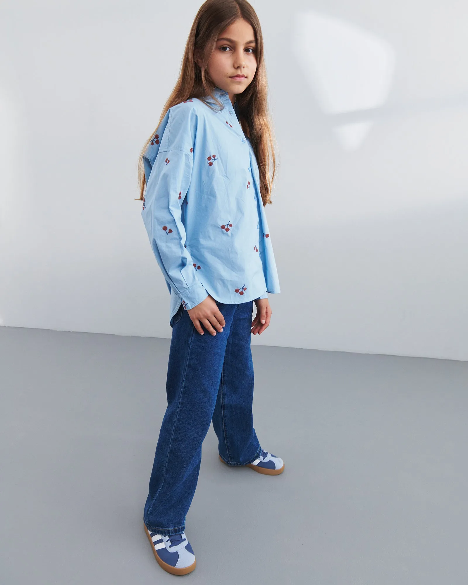 Poplin Shirt w. Embroidery - Tween - Blue/Rose