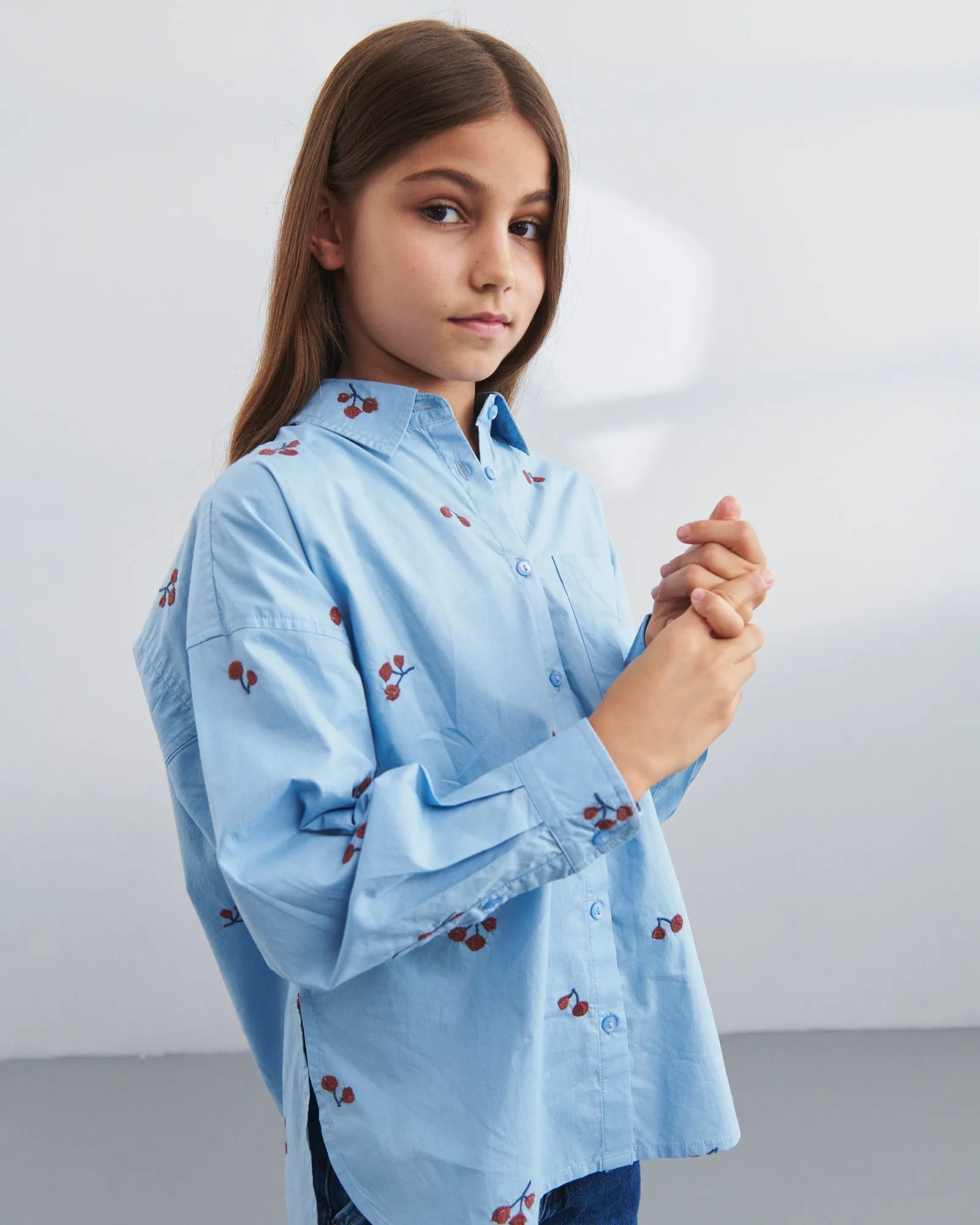 Poplin Shirt w. Embroidery - Tween - Blue/Rose