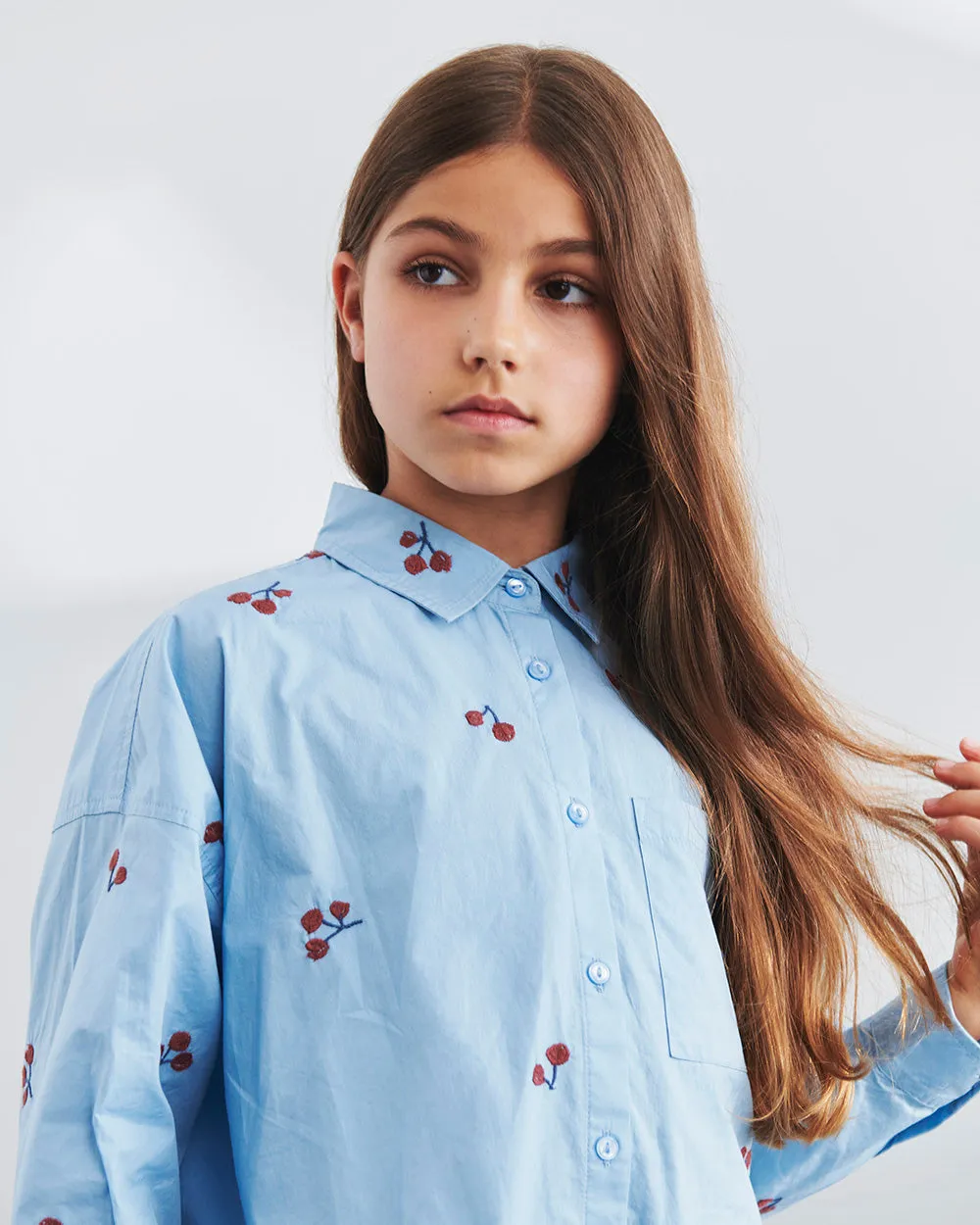 Poplin Shirt w. Embroidery - Tween - Blue/Rose