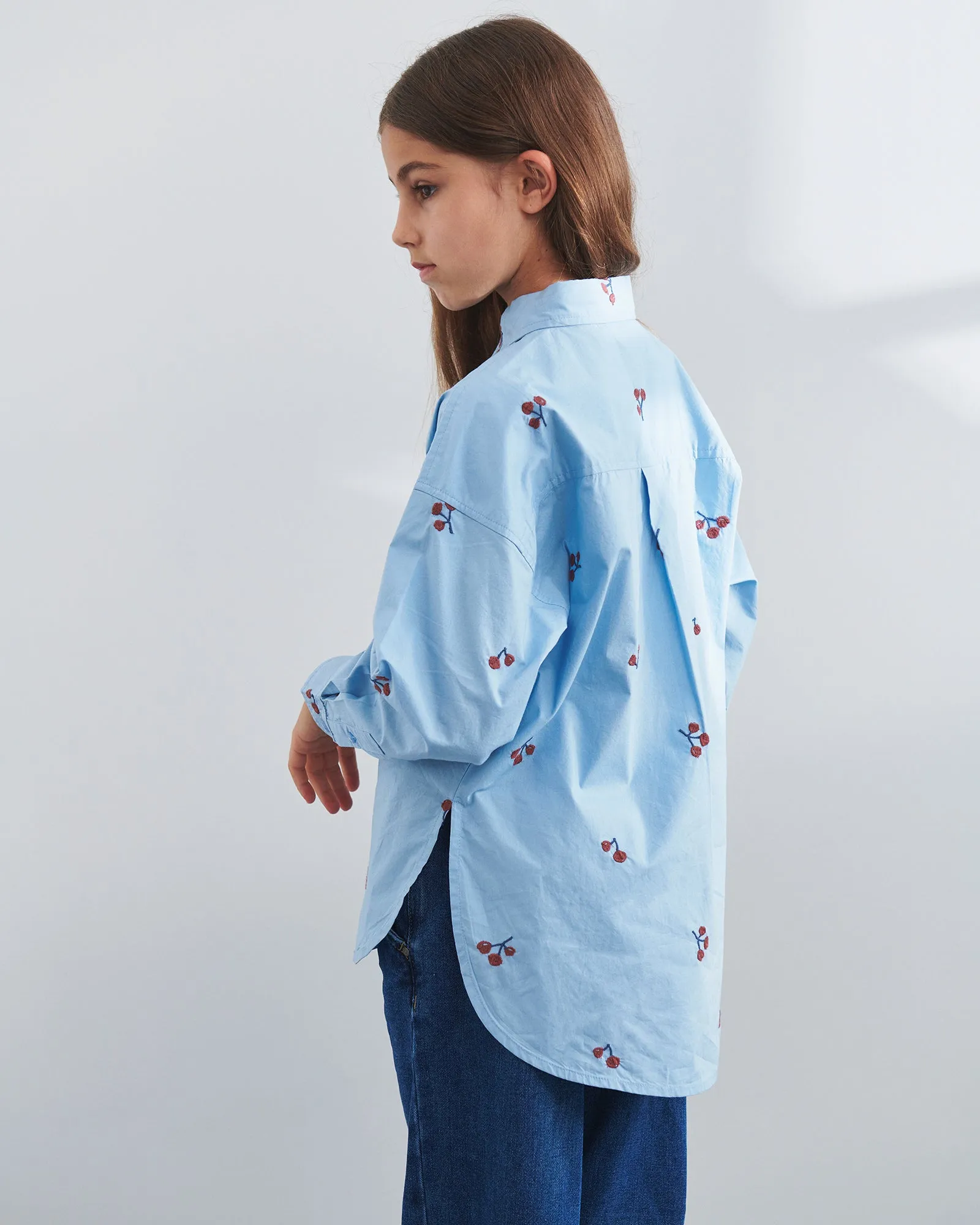 Poplin Shirt w. Embroidery - Tween - Blue/Rose