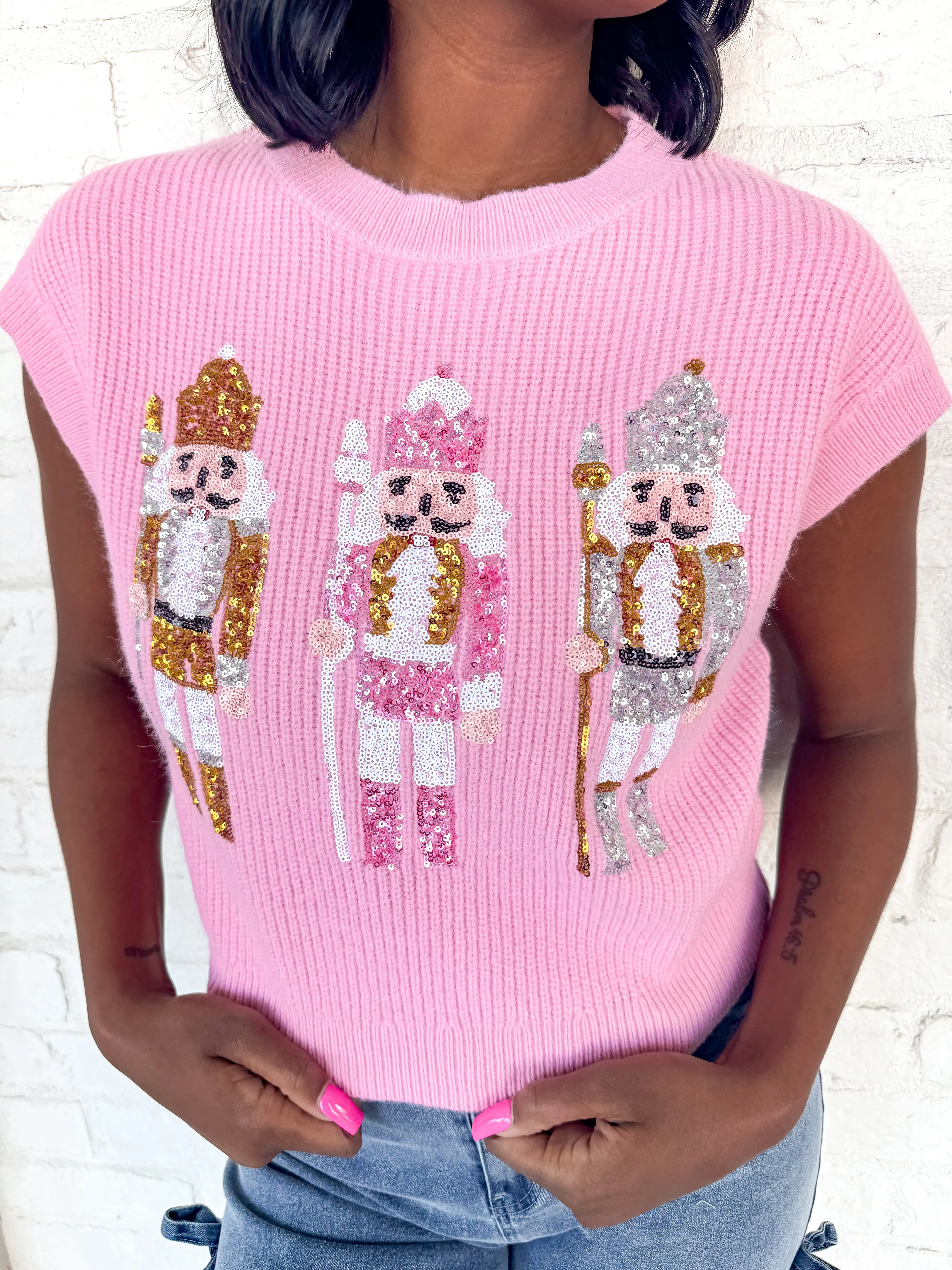 Queen Of Sequin Christmas Toy Soldiers Pink Sweater Vest