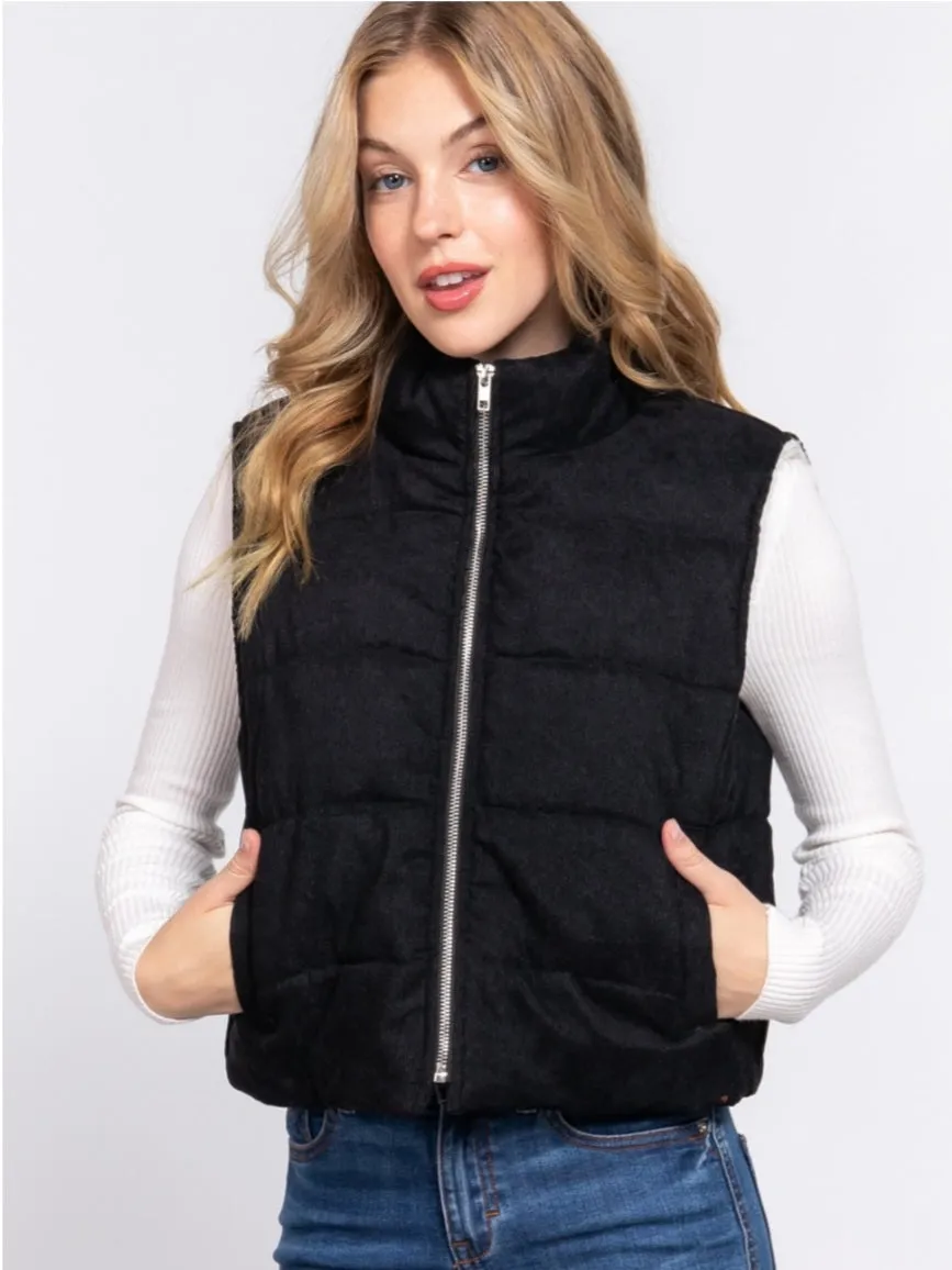 Rae Corduroy Puffer Vest - Black