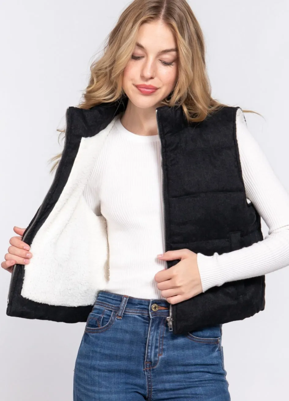 Rae Corduroy Puffer Vest - Black